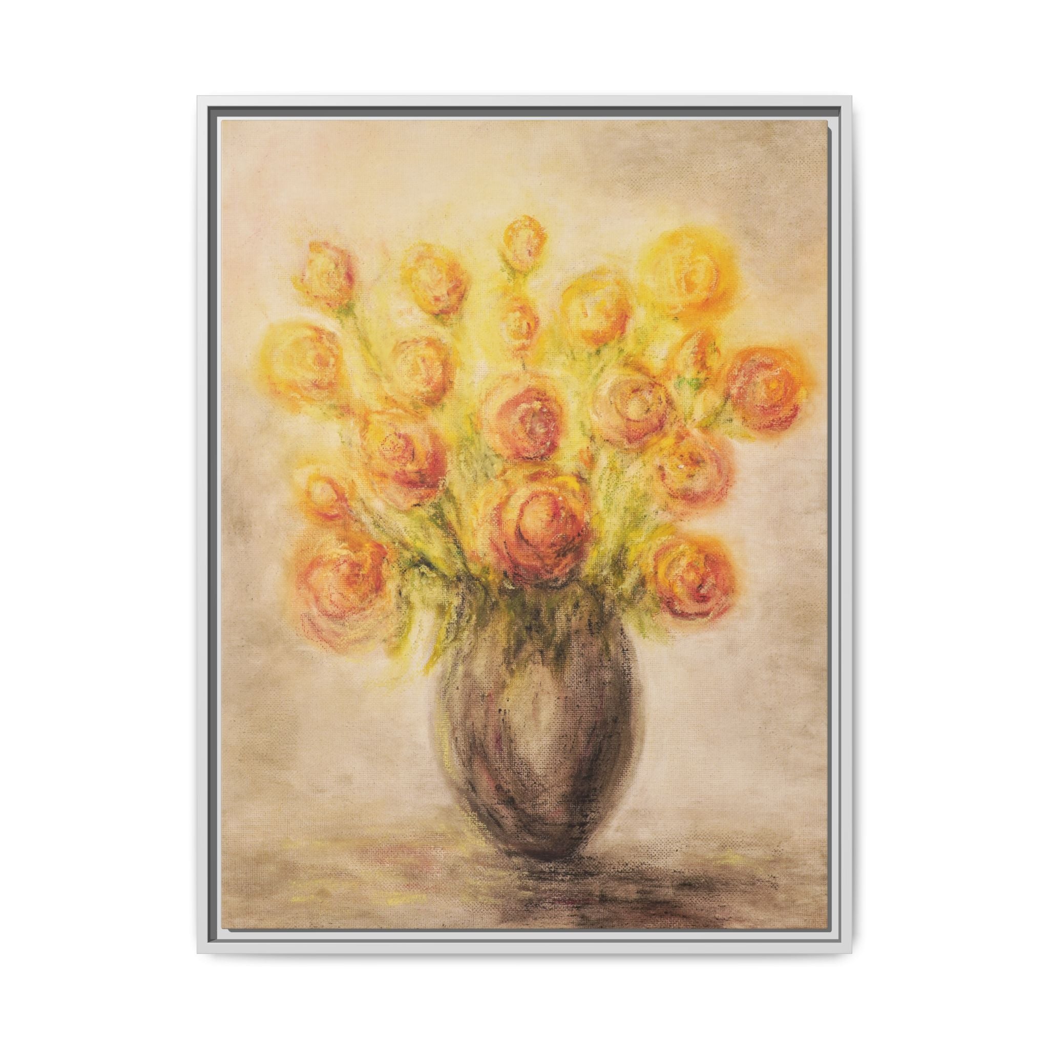 Framed Matte Canvas Floral Bouquet Wall Art — Yellow Rose Vase Print