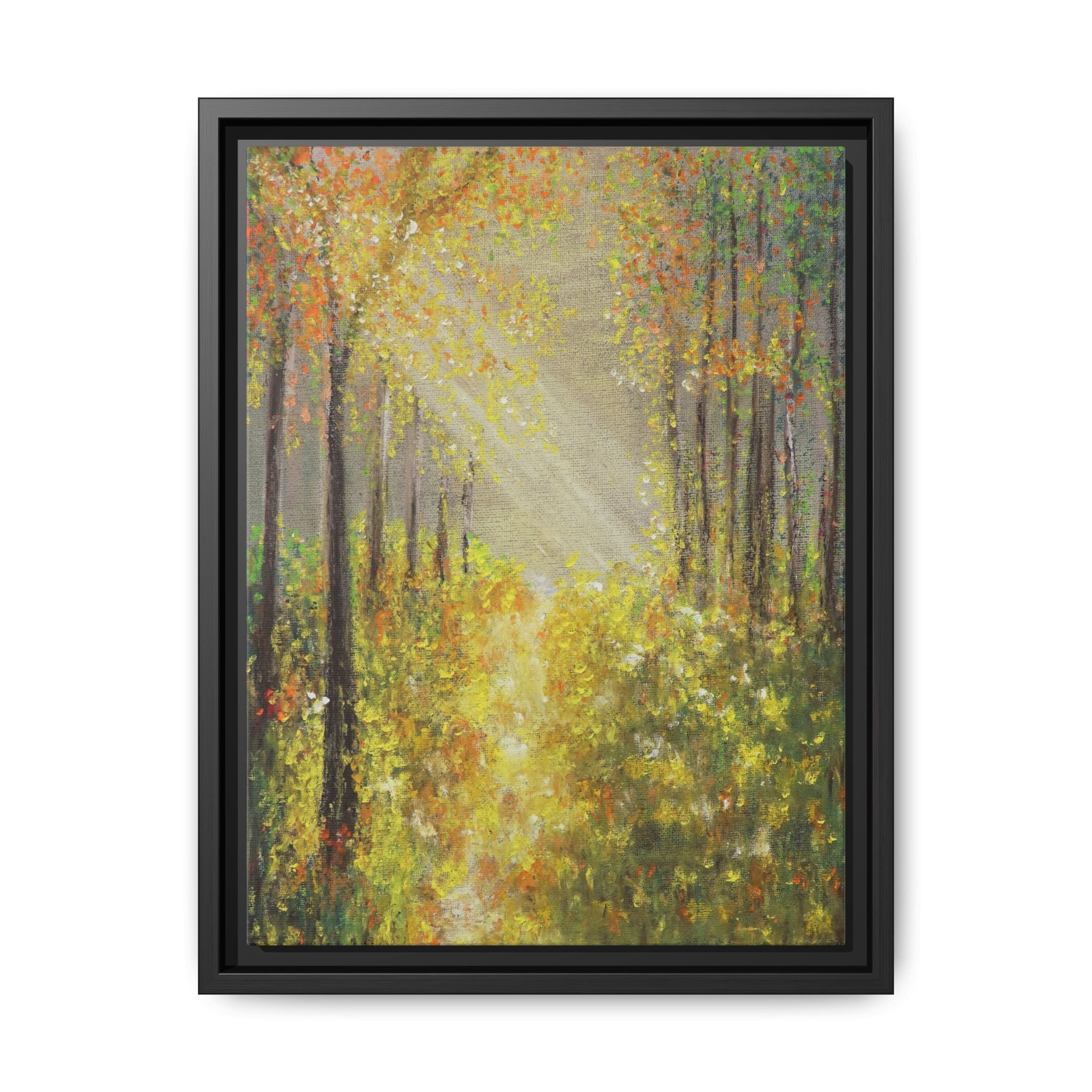 Sunlit Forest Path Framed Canvas Art — Autumn Woodland Wall Decor
