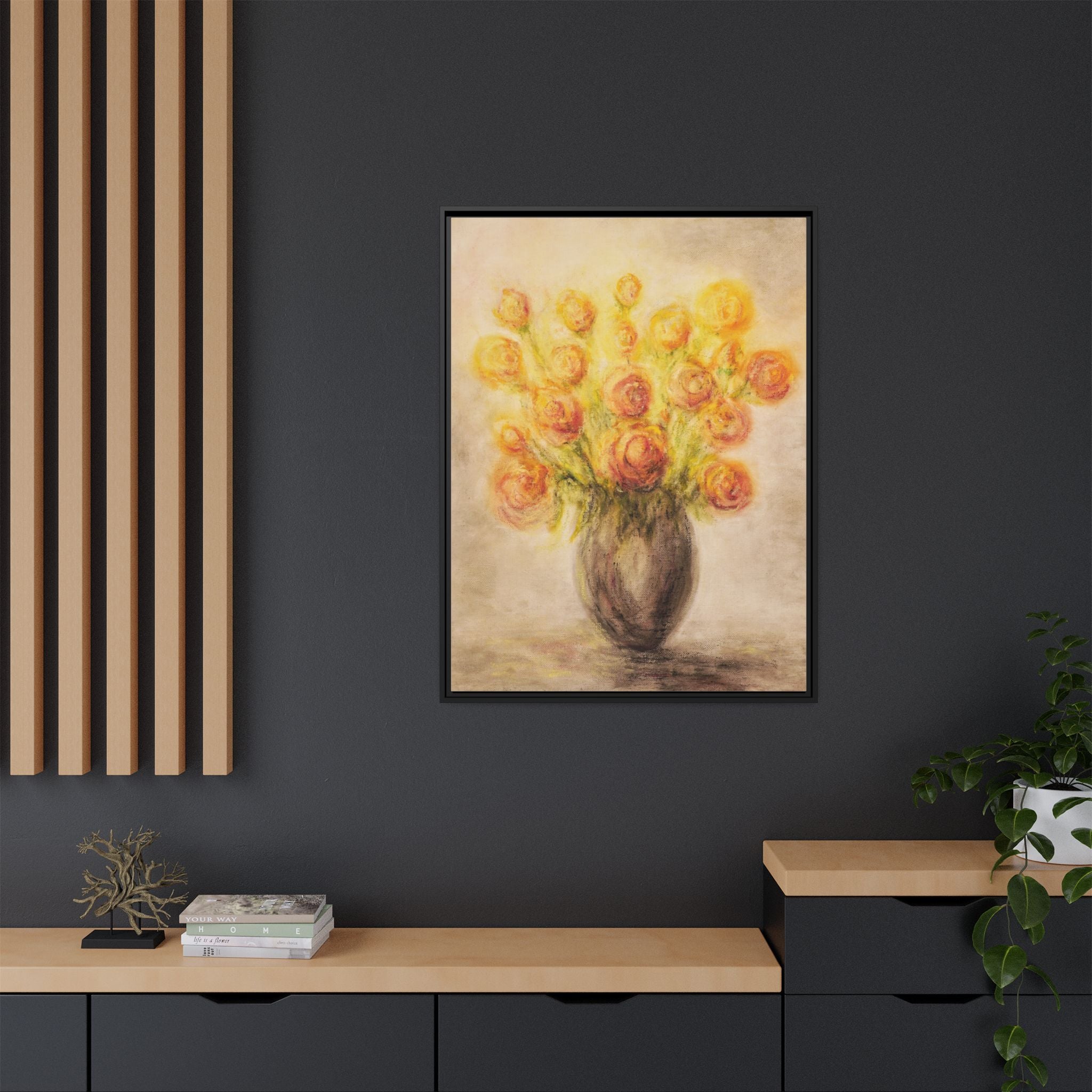 Framed Matte Canvas Floral Bouquet Wall Art — Yellow Rose Vase Print