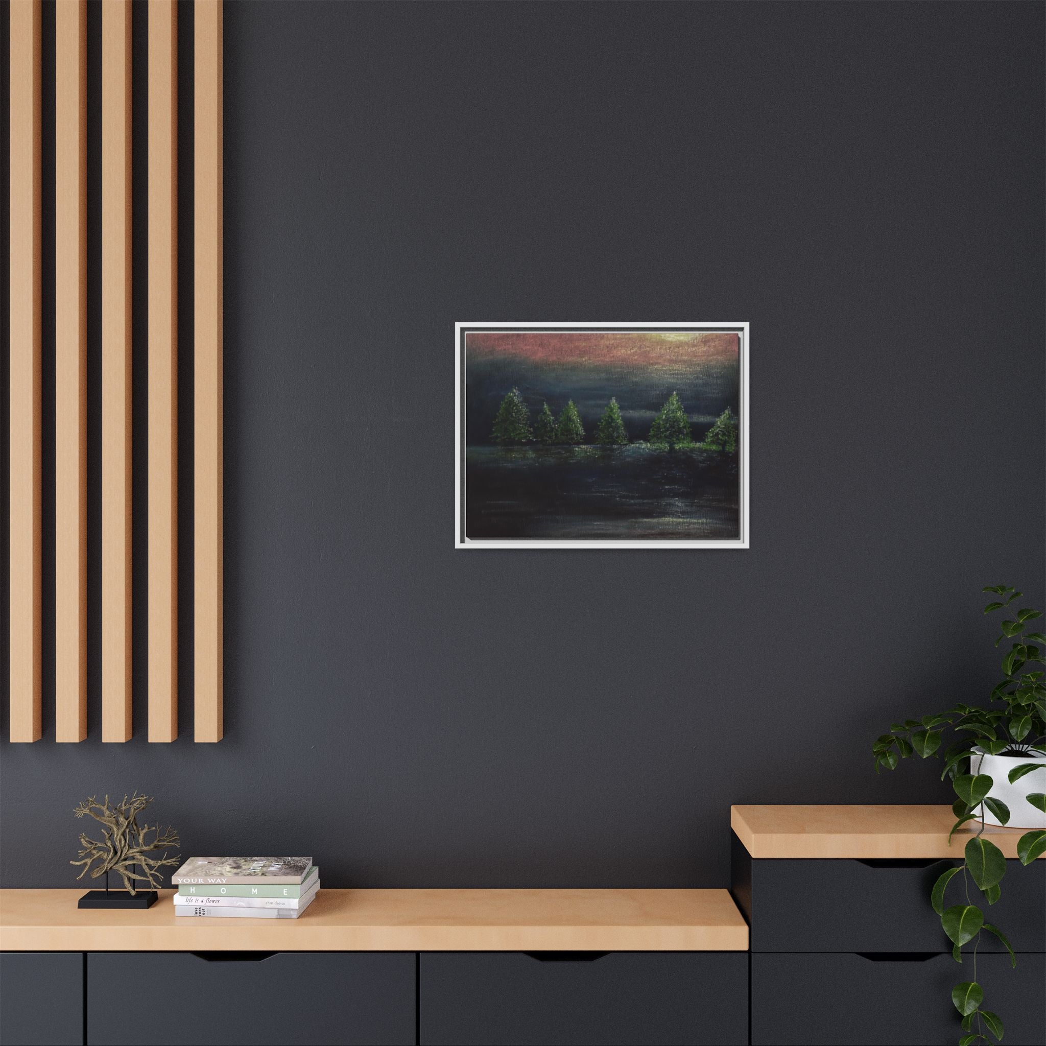 Framed Matte Canvas Wall Art — Moonlit Pine Trees Landscape