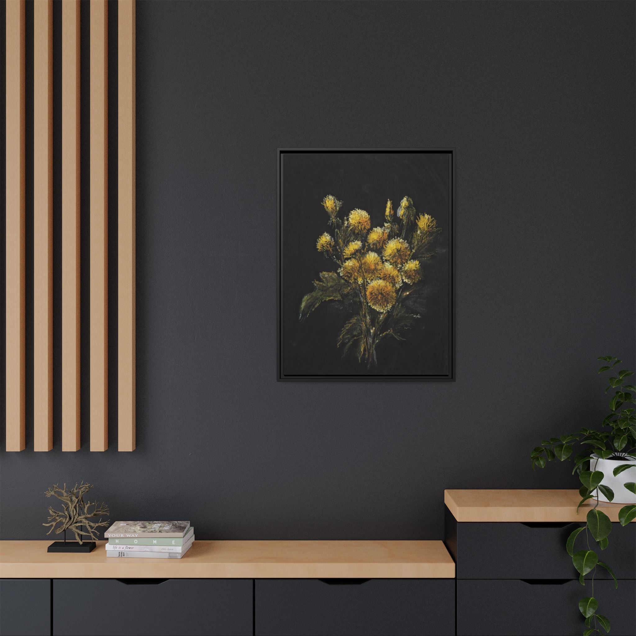 Framed Matte Canvas Print — Yellow Wildflower Bouquet on Black (Botanical Wall Art)