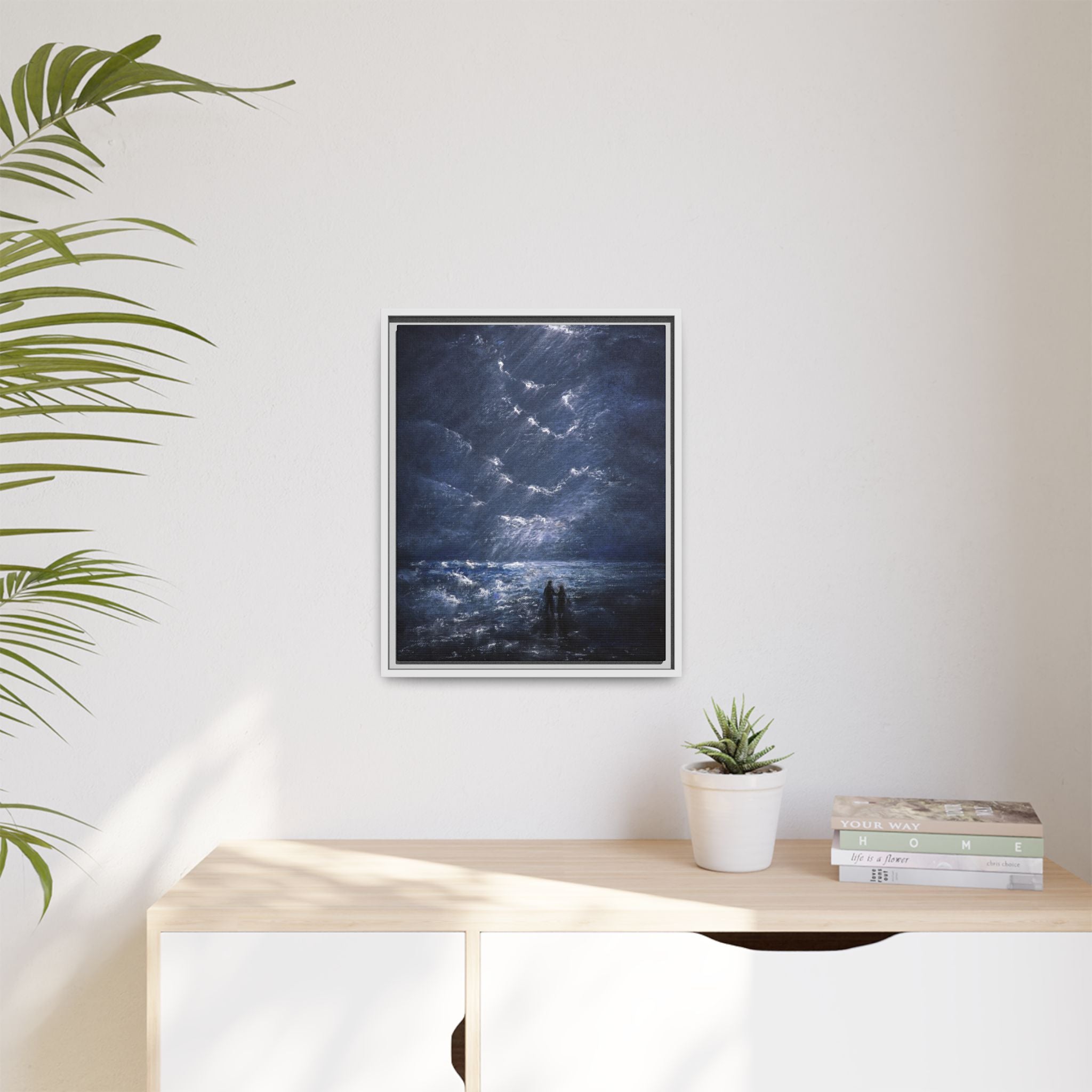 Couple on Shore at Night - Framed Canvas Art