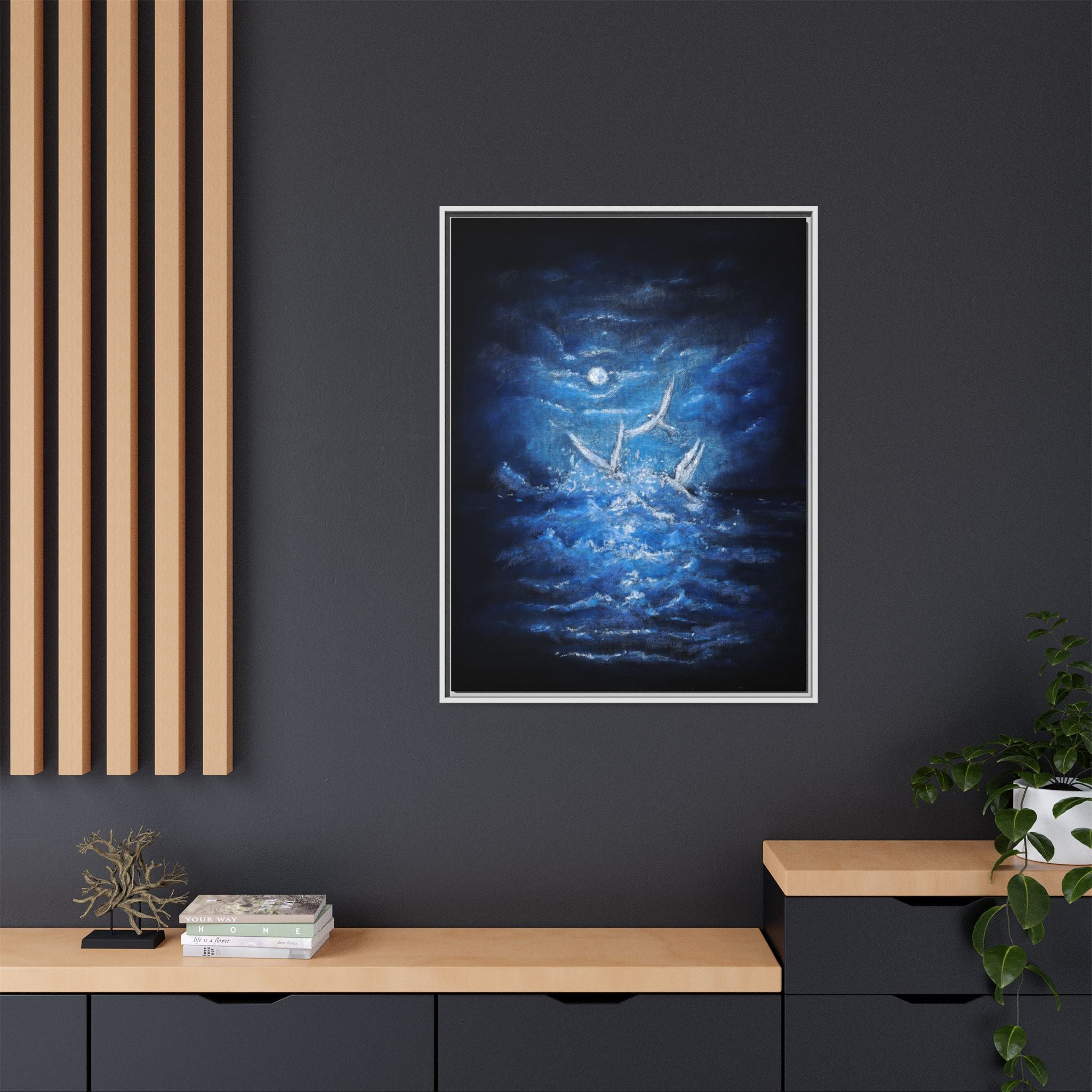 Night Ocean Birds - Matte Canvas Framed Wall Art
