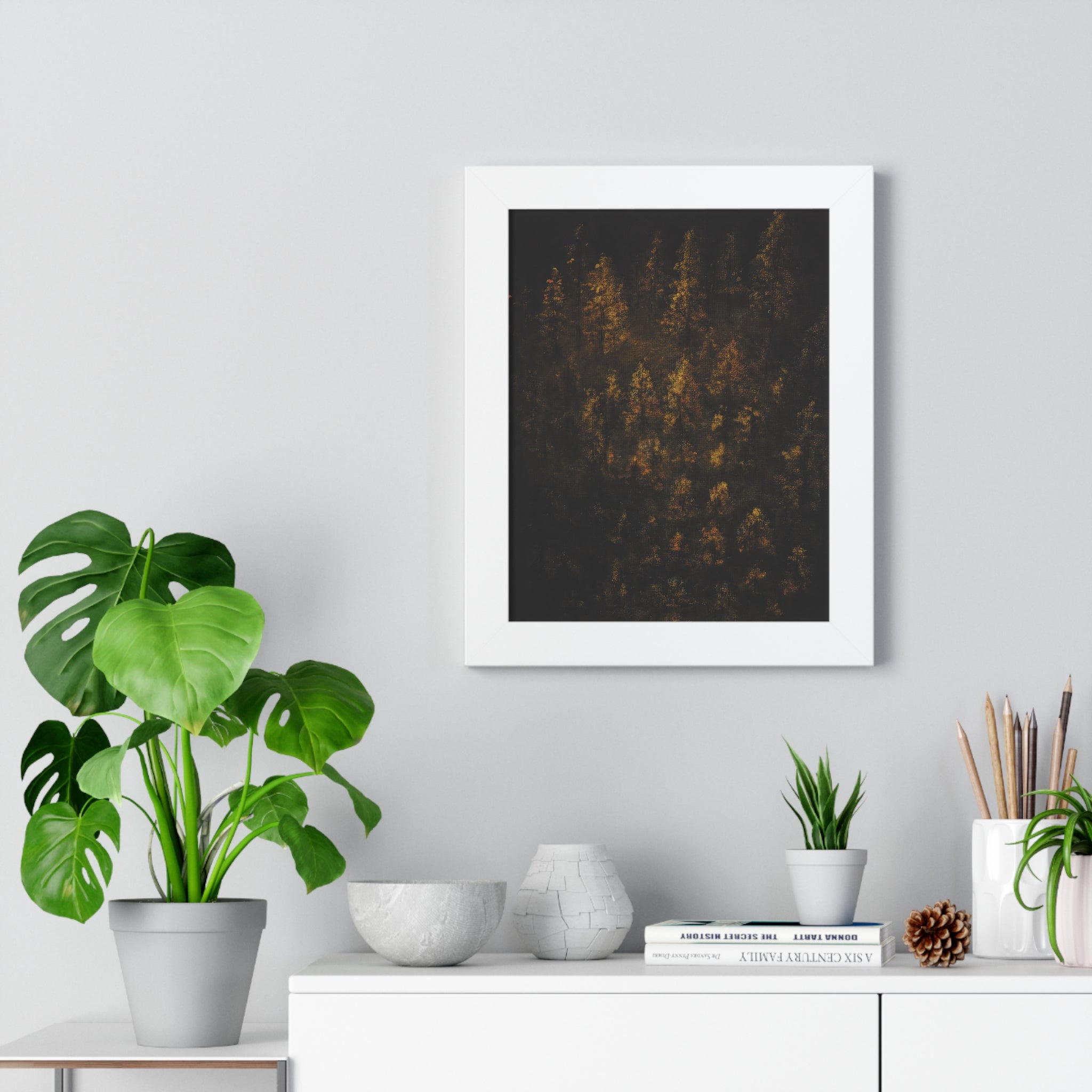 Framed Poster — Moody Golden Forest Wall Art (Vertical)
