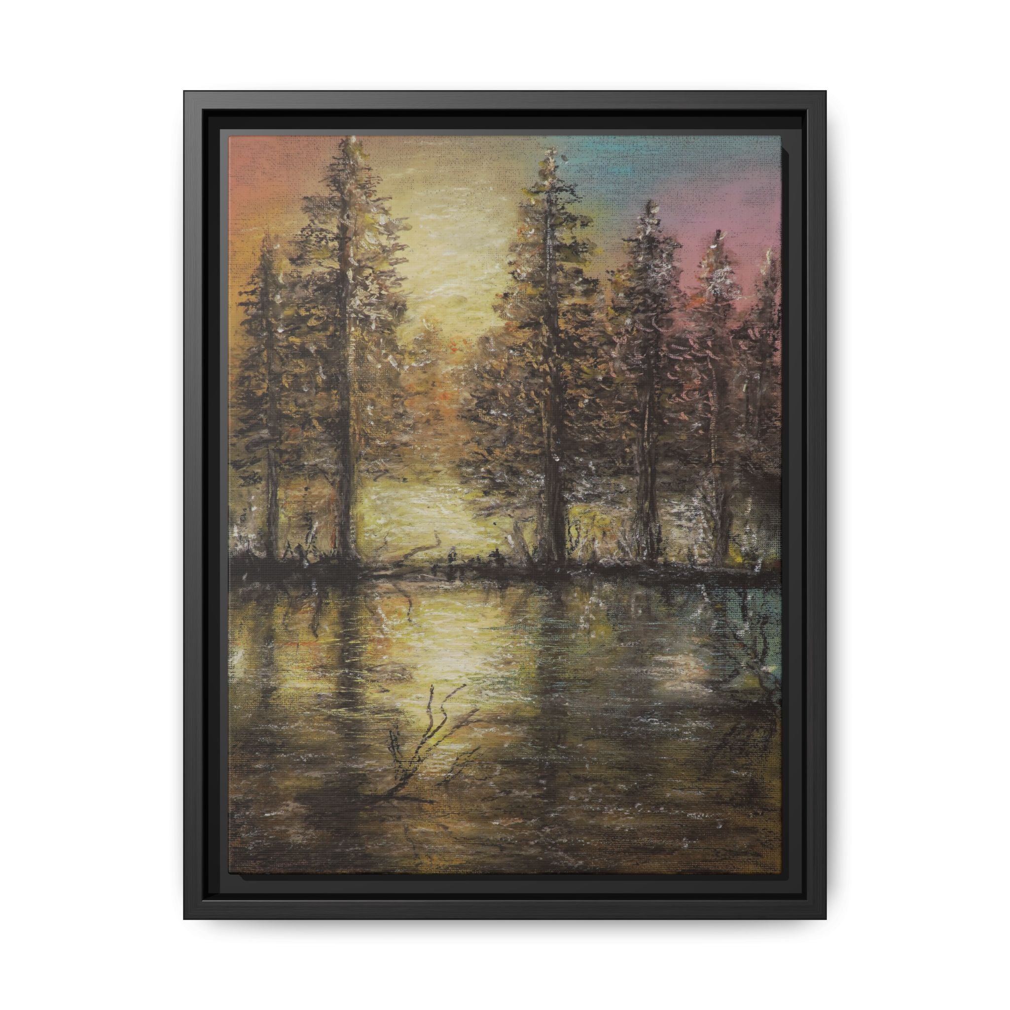 Framed Matte Canvas Wall Art — Sunset Forest Reflection