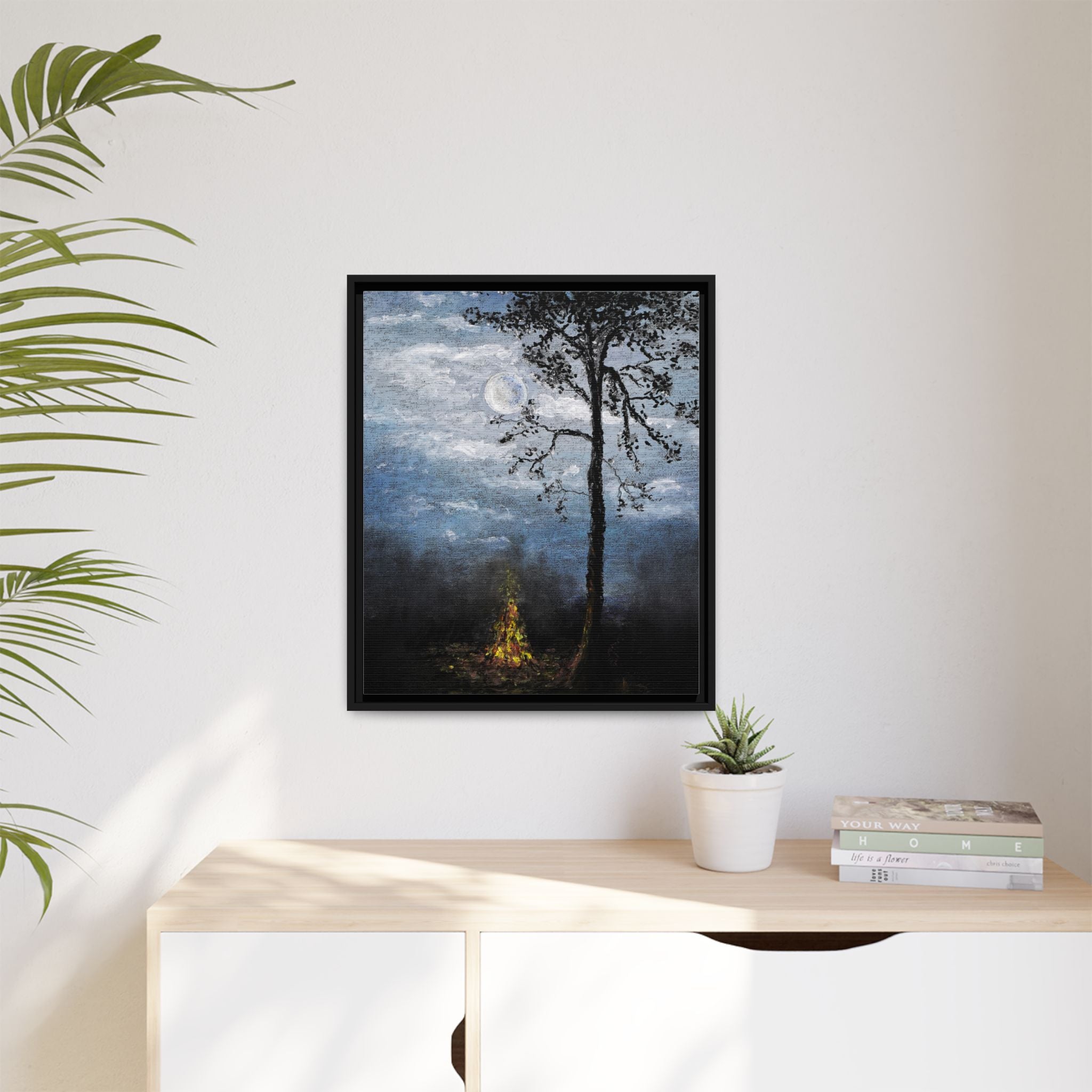 Framed Matte Canvas Print — Moonlit Campfire Landscape