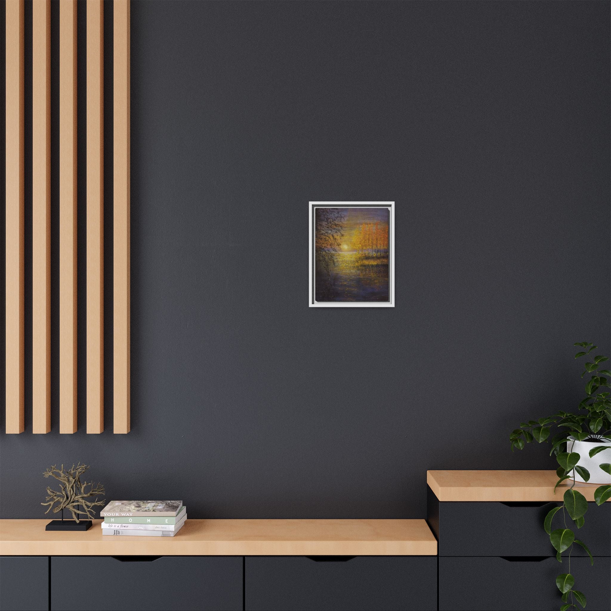 Framed Matte Canvas Painting - Golden Trees Over Tranquil Lake