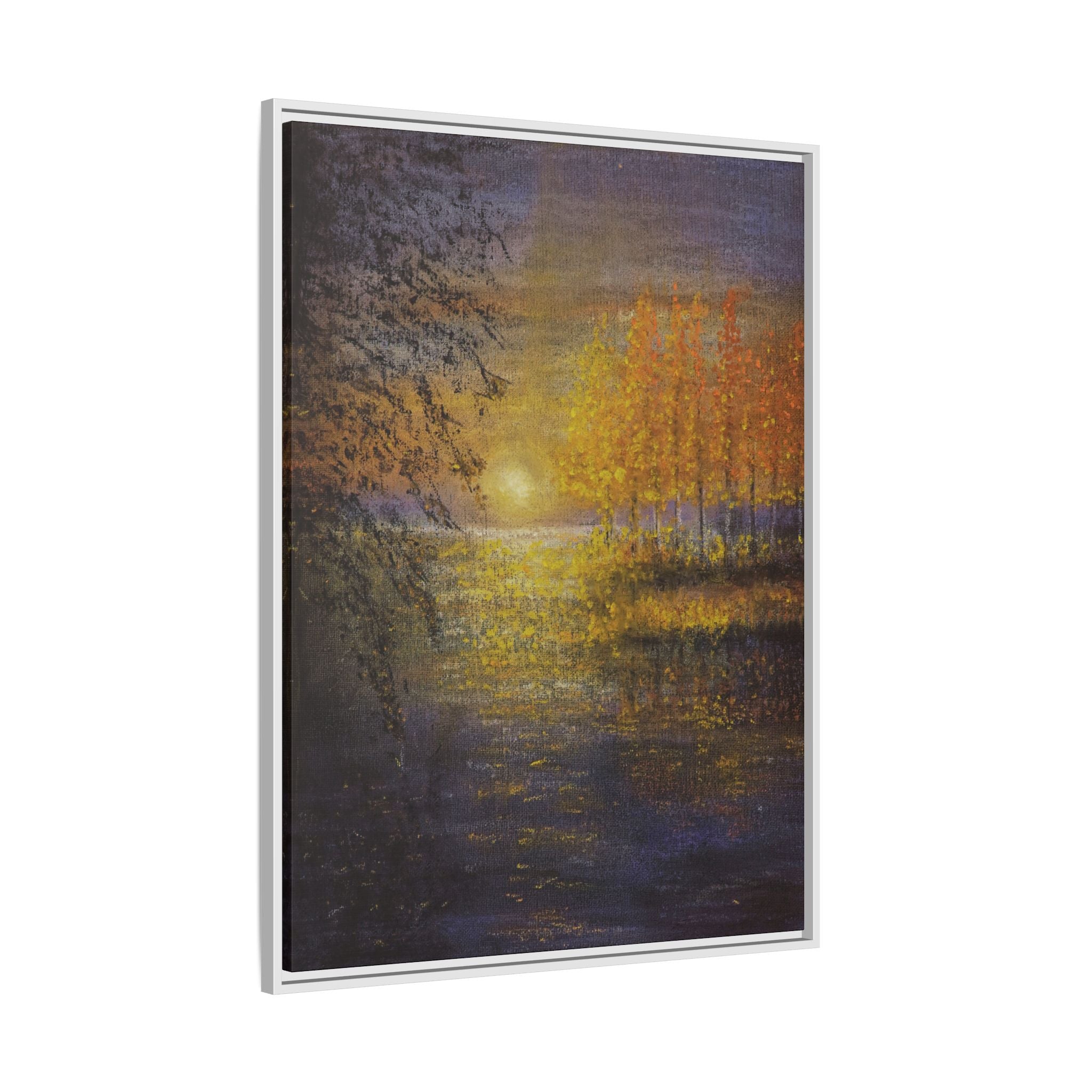 Framed Matte Canvas Painting - Golden Trees Over Tranquil Lake