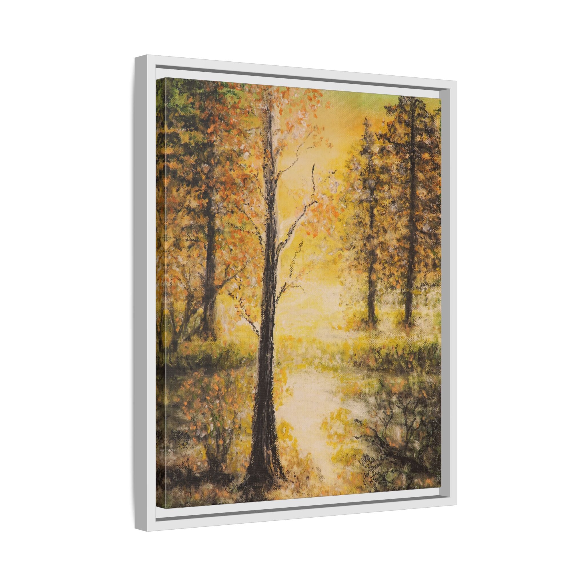 Framed Autumn Forest Canvas Print — Golden Lakeside Wall Art