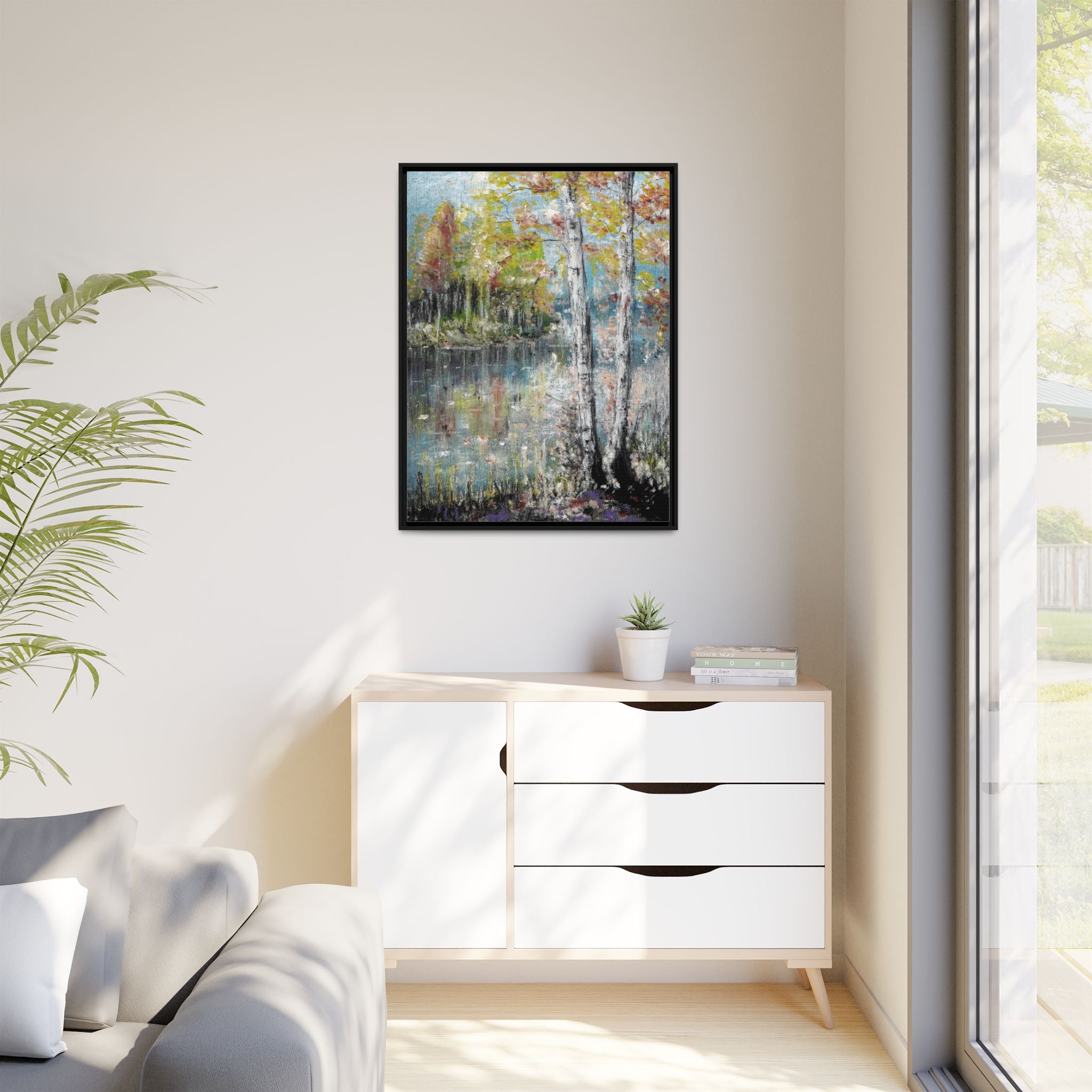 Framed Matte Canvas-Trees by the Lake