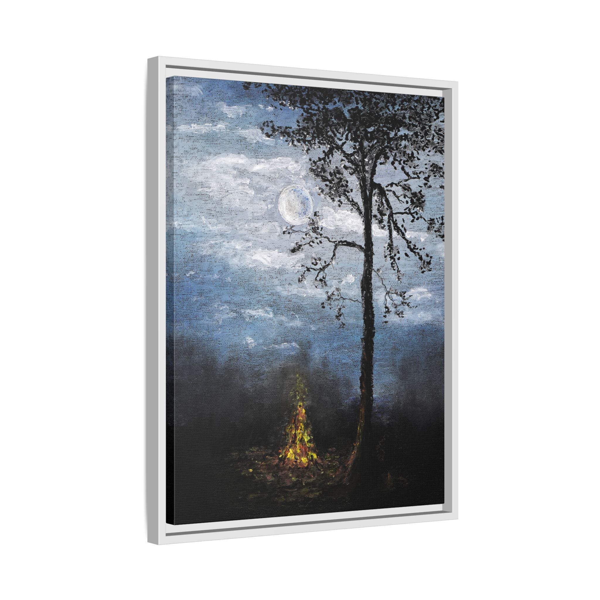 Framed Matte Canvas Print — Moonlit Campfire Landscape