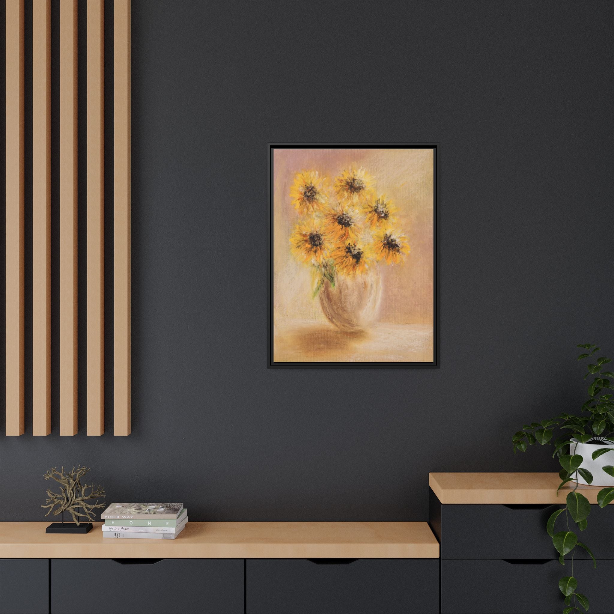 Framed Sunflower Vase — Matte Canvas Wall Art