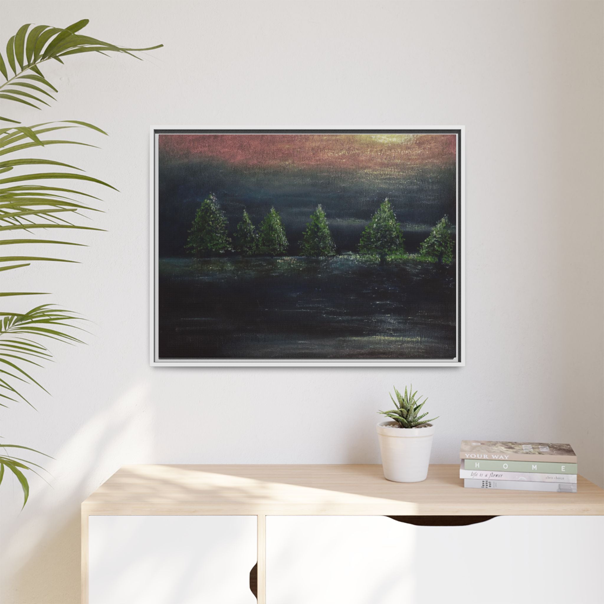 Framed Matte Canvas Wall Art — Moonlit Pine Trees Landscape