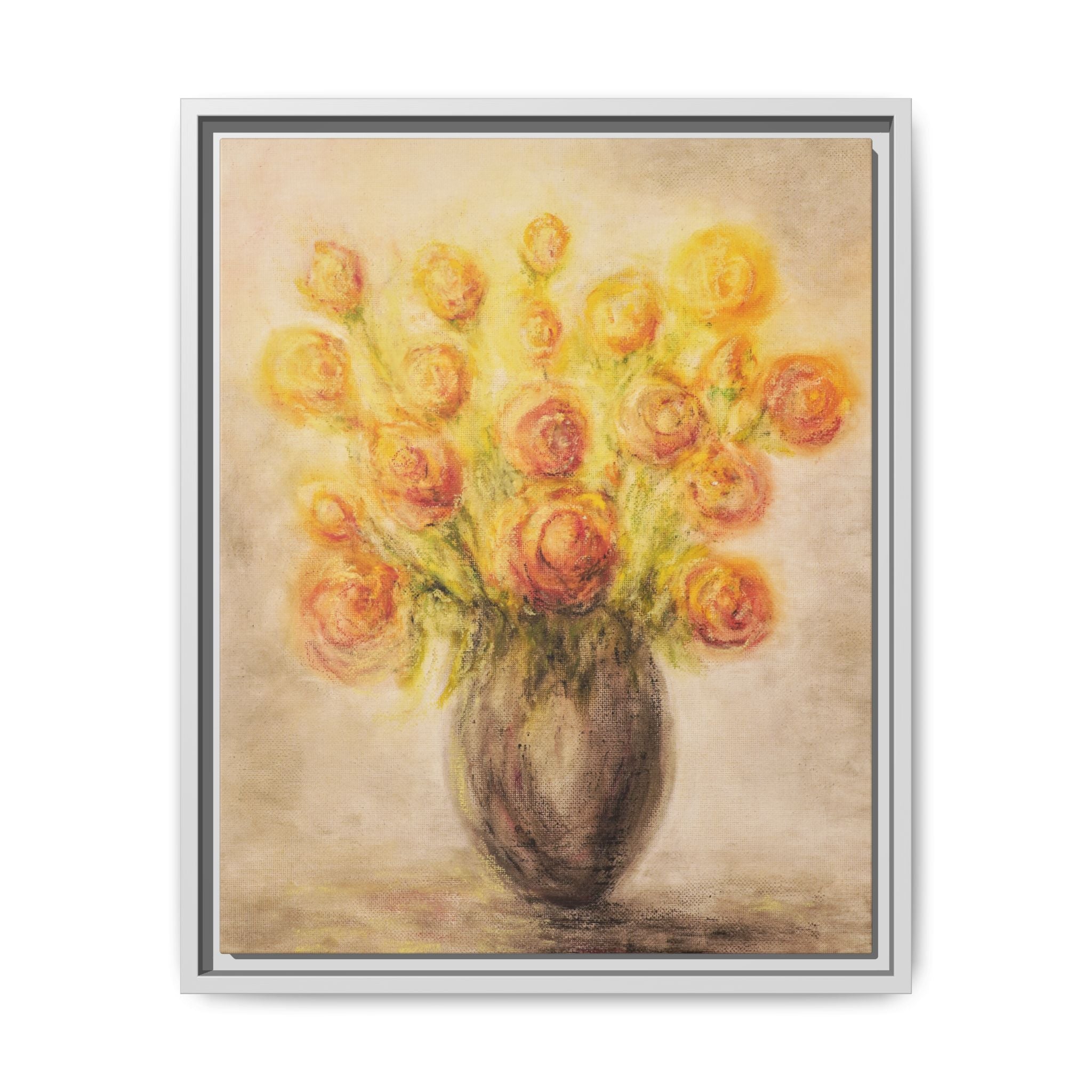 Framed Matte Canvas Floral Bouquet Wall Art — Yellow Rose Vase Print