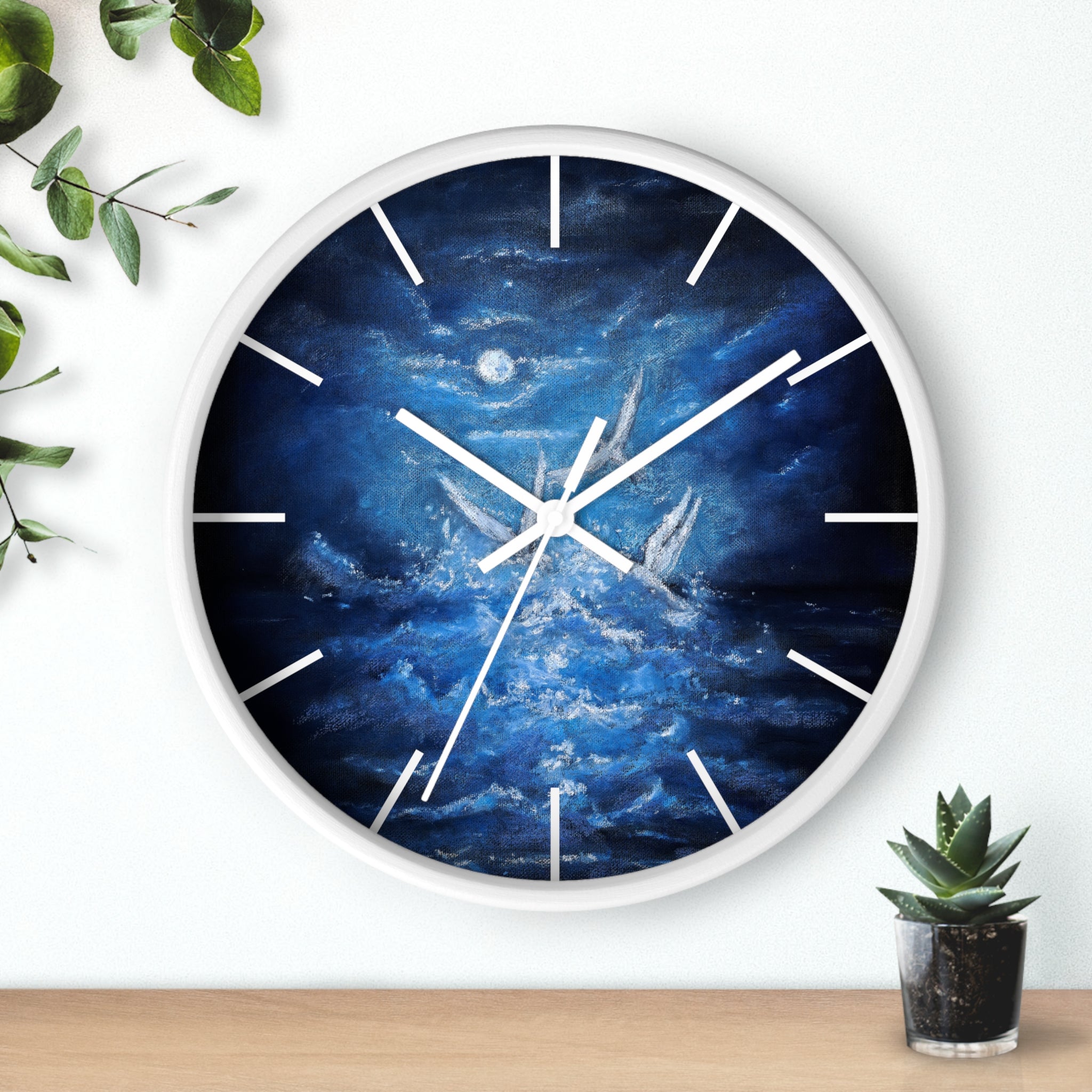 Blue Ocean Birds Wall Clock – Moonlit Sea White Birds Art
