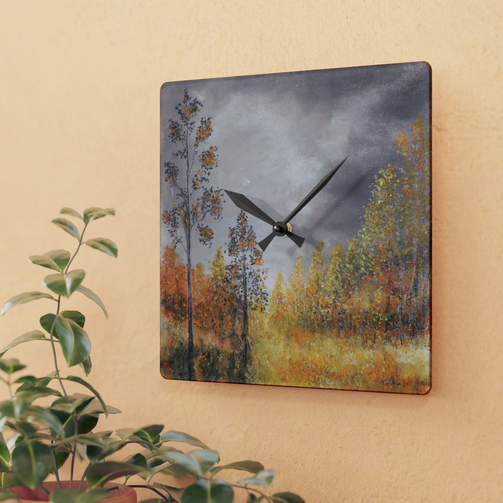 Autumn Meadow Acrylic Wall Clock – Moody Fall Landscape Home Decor