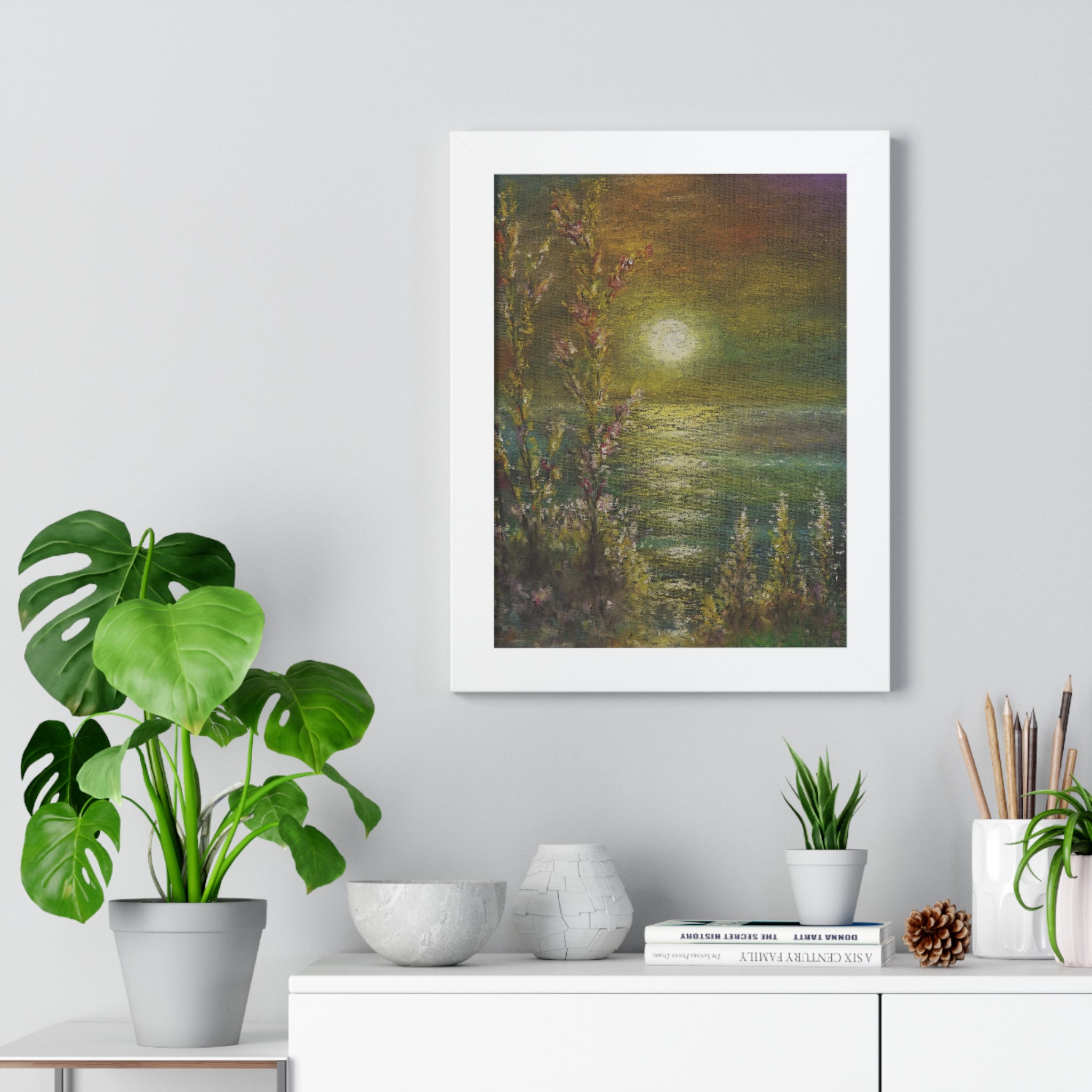 Moonlight Poster — Framed Vertical Moonlit Ocean Art Print