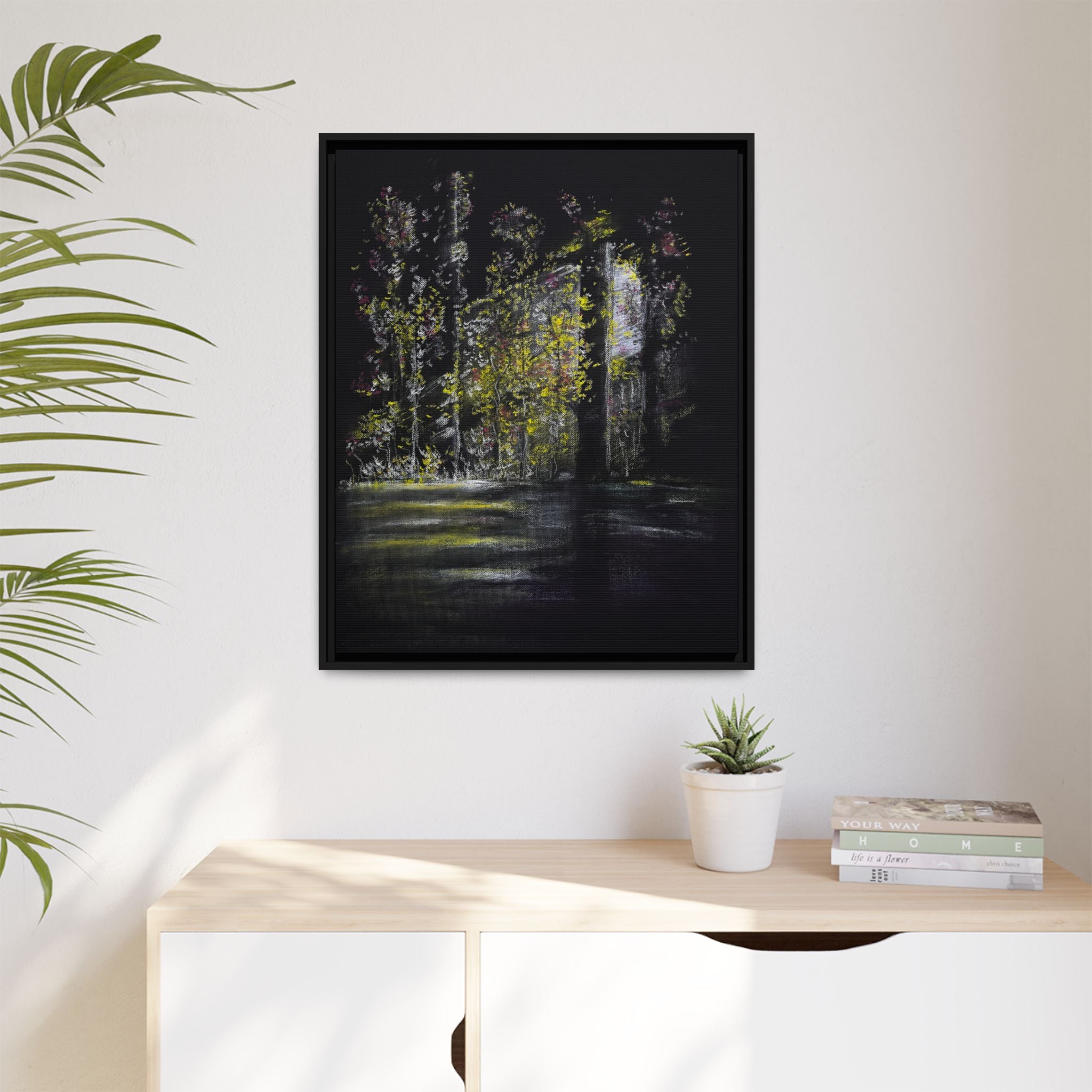 Framed Matte Canvas Forest Nightscape – Moody Woodland Wall Art