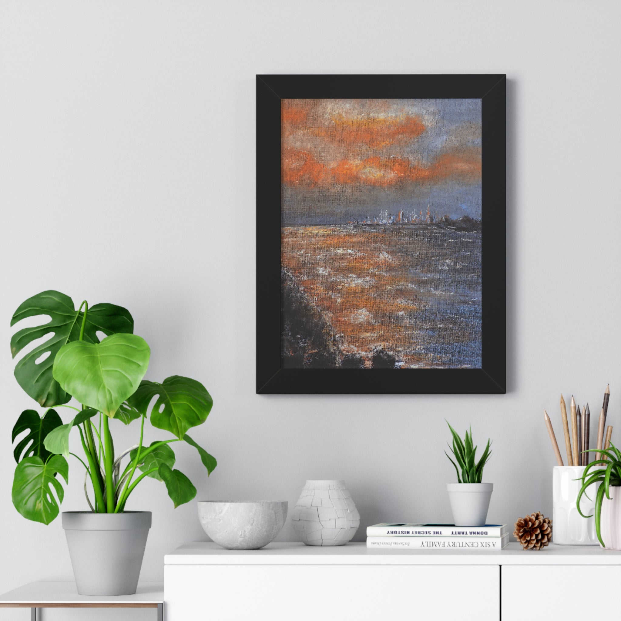 Framed Seascape Poster — Orange Sunset Coastal Art Print
