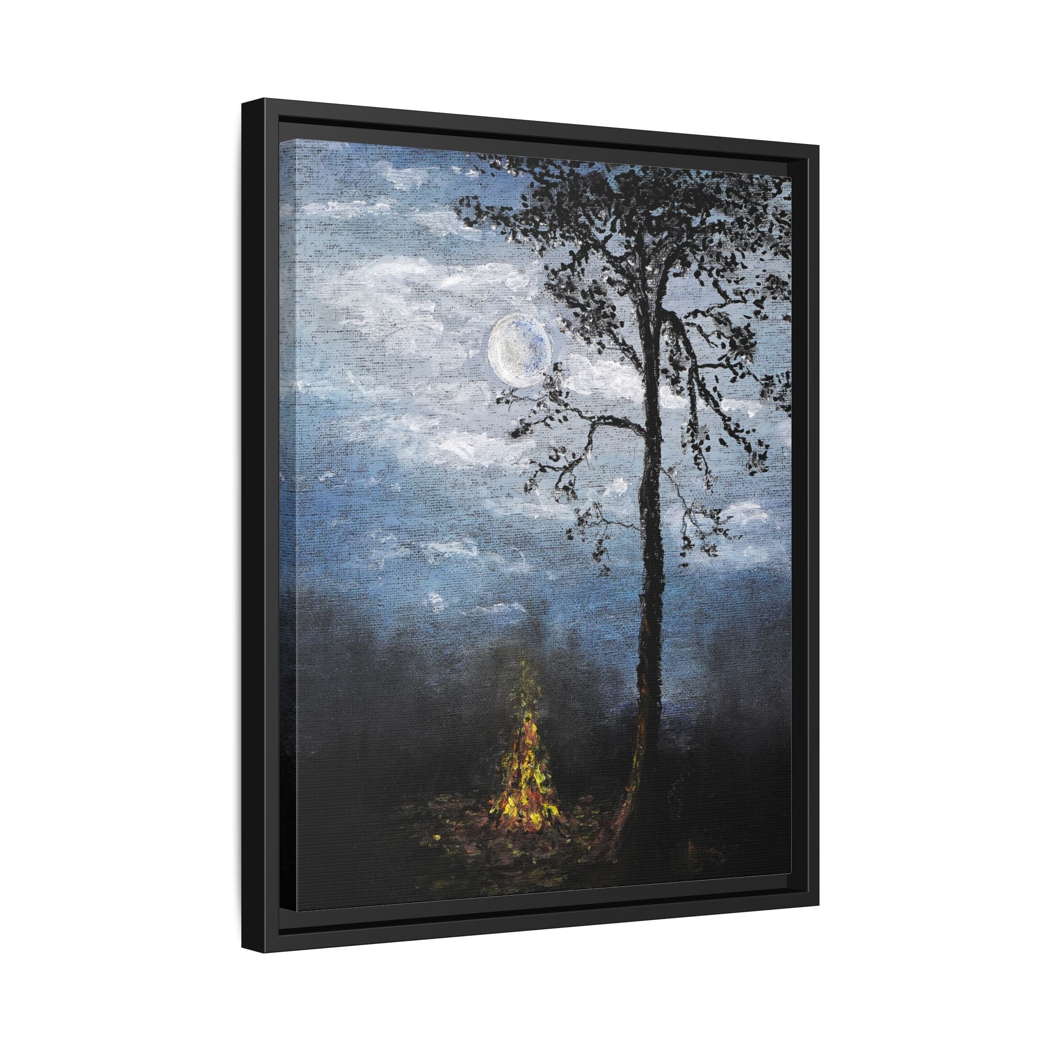 Framed Matte Canvas Print — Moonlit Campfire Landscape