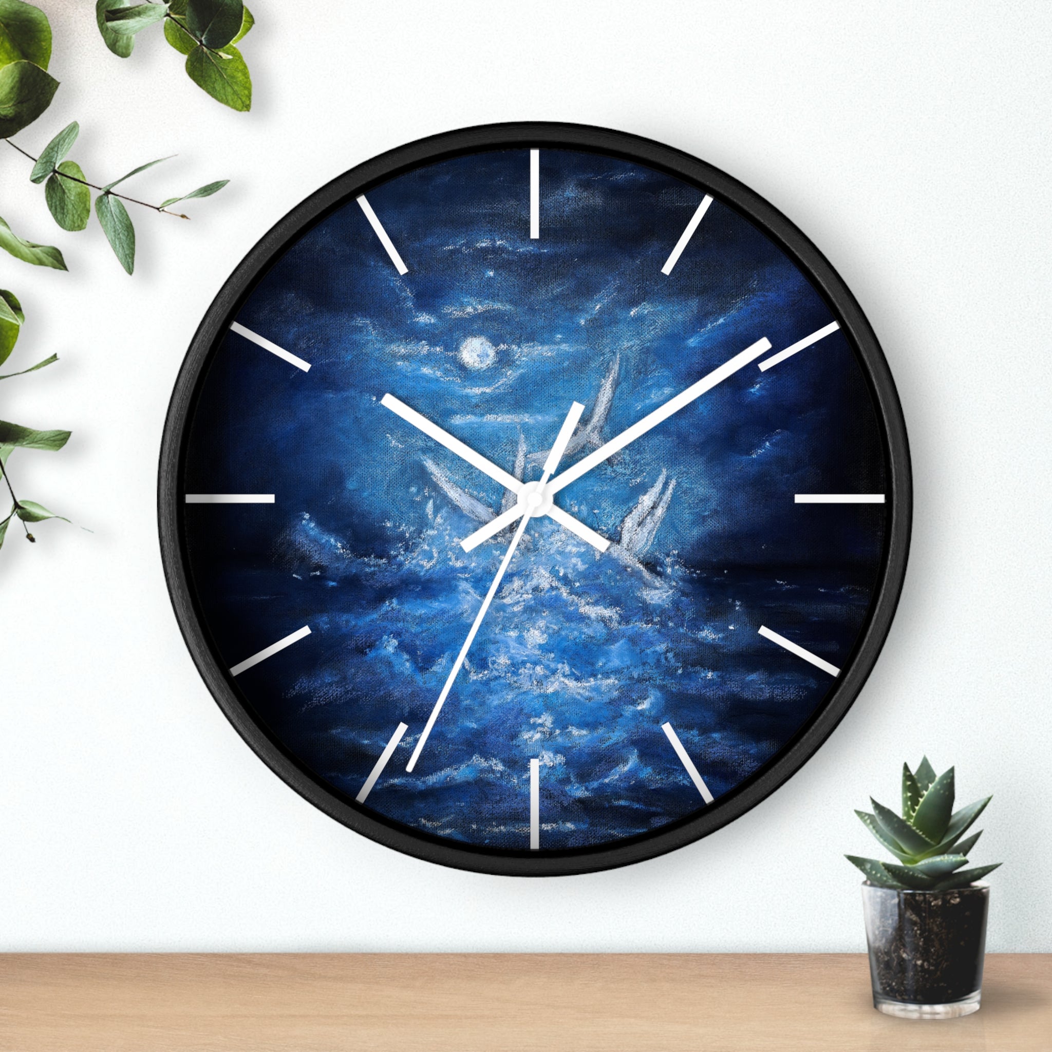 Blue Ocean Birds Wall Clock – Moonlit Sea White Birds Art
