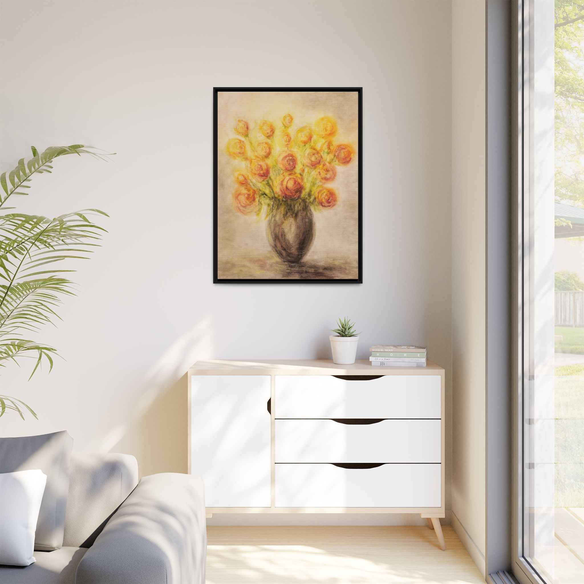 Framed Matte Canvas Floral Bouquet Wall Art — Yellow Rose Vase Print