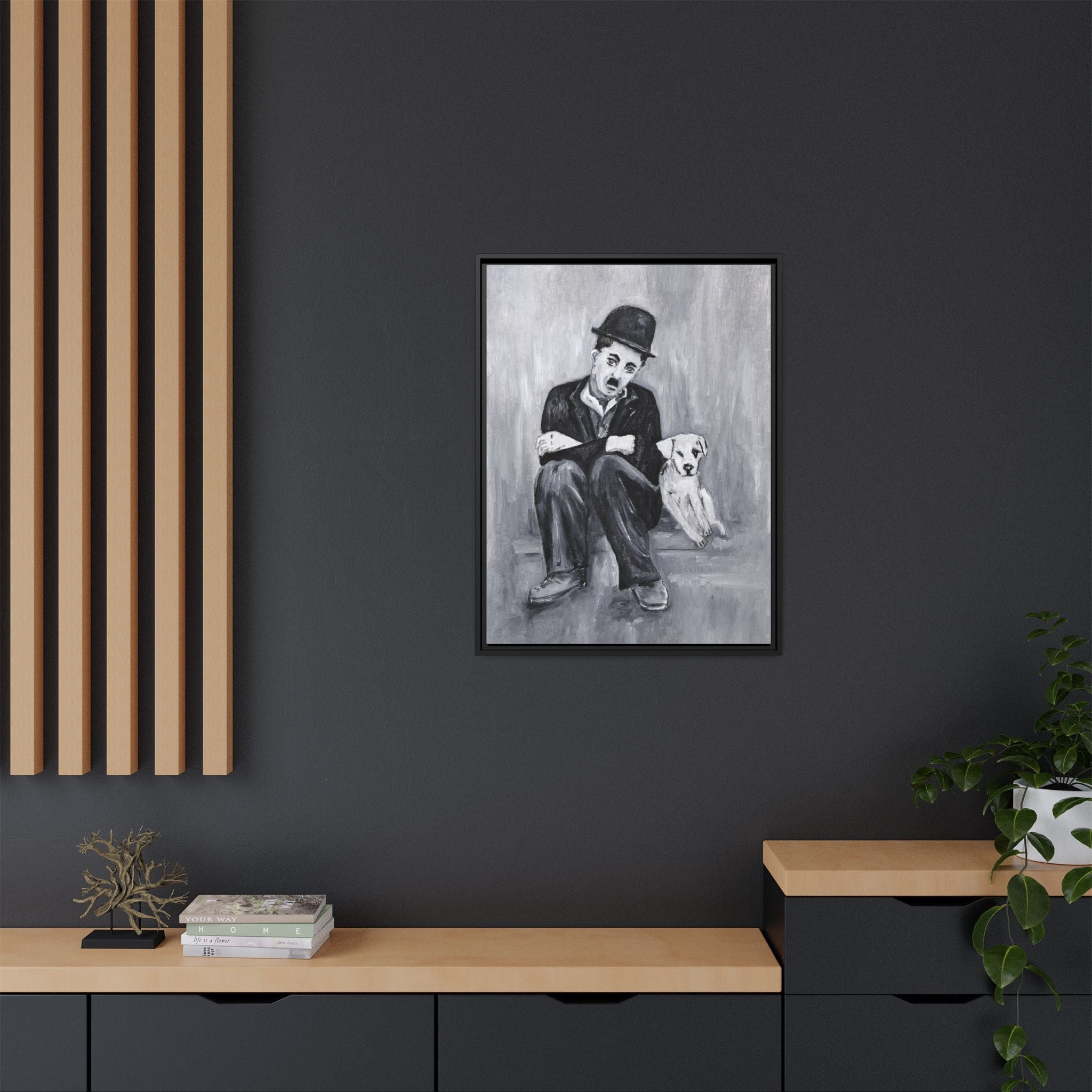 Charlie Chaplin & Dog Matte Framed Canvas Print — Vintage Black & White Wall Art