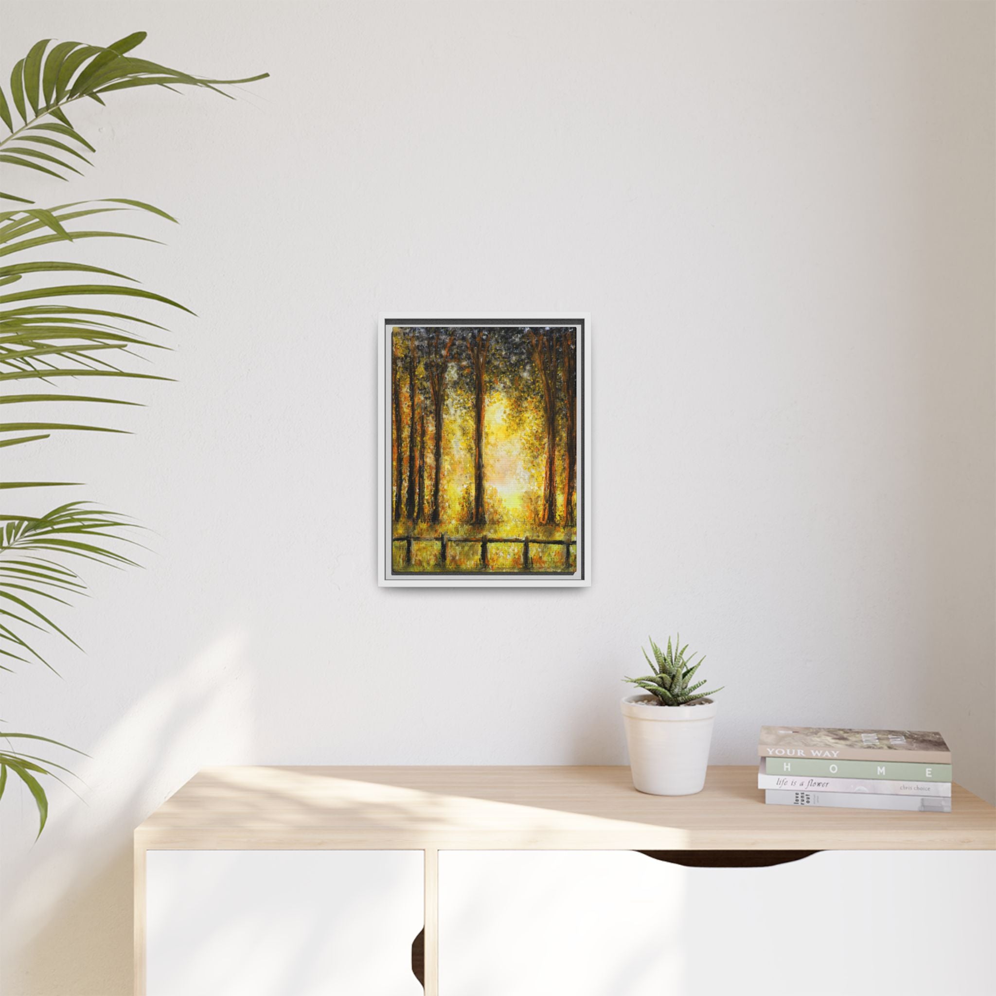 Framed Matte Canvas Art – Golden Forest Sunrise Landscape
