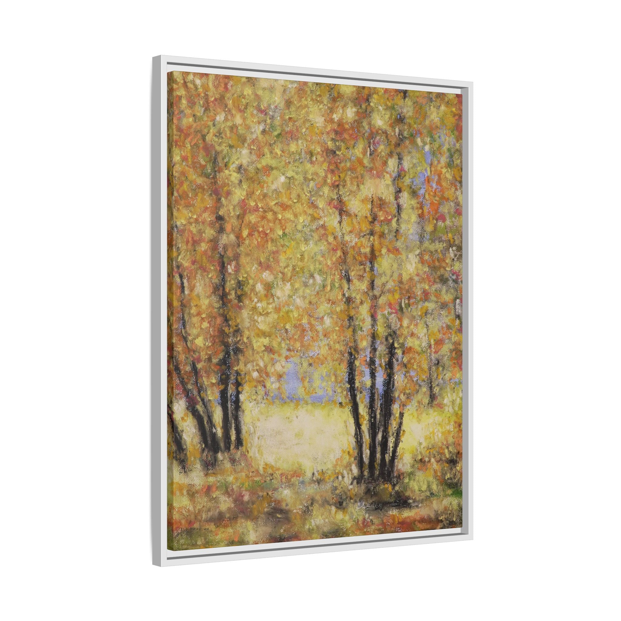 Framed Matte Canvas Autumn Forest Wall Art — Golden Trees Landscape Print
