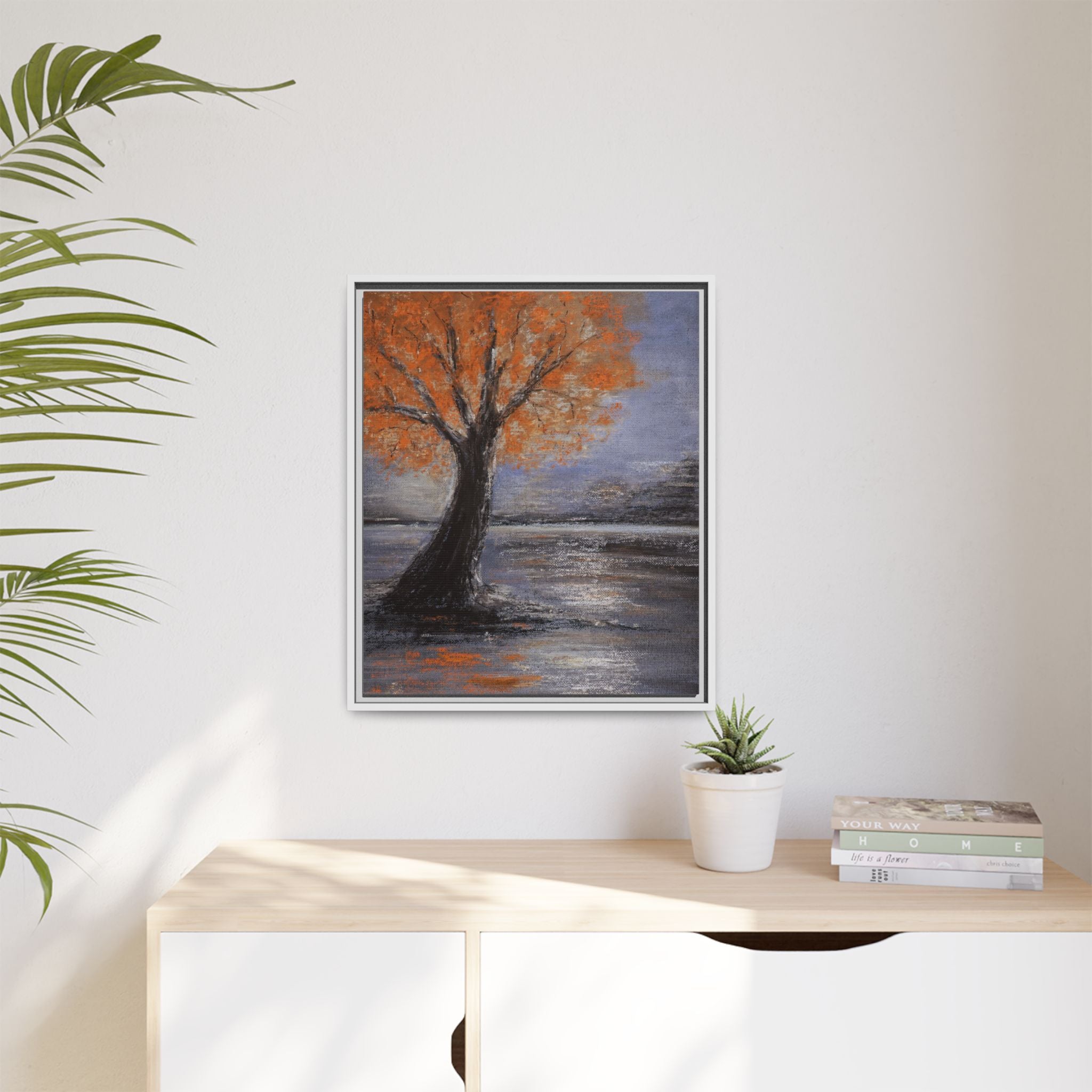 Framed Autumn Tree Canvas Print — Orange Tree Landscape Wall Art