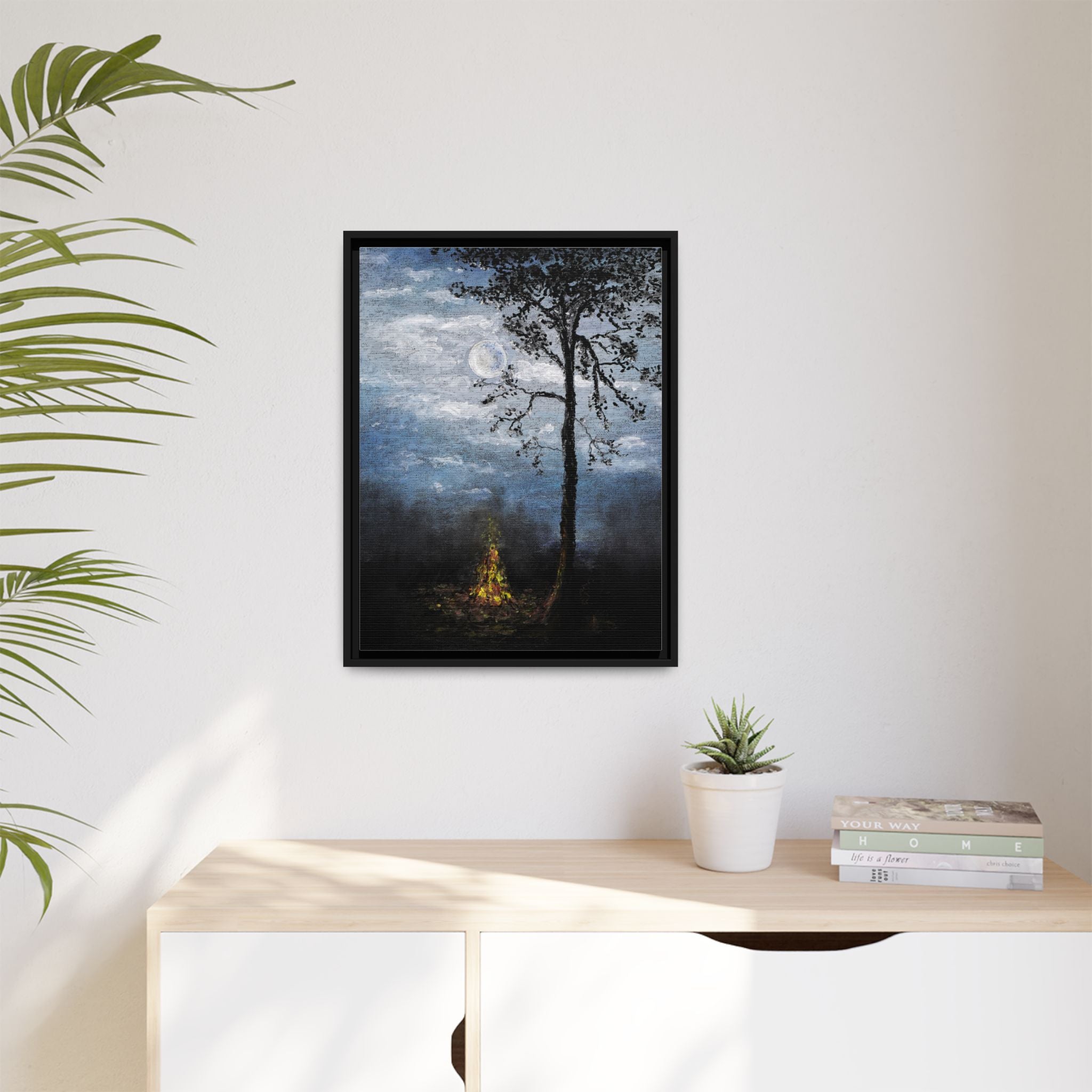 Framed Matte Canvas Print — Moonlit Campfire Landscape