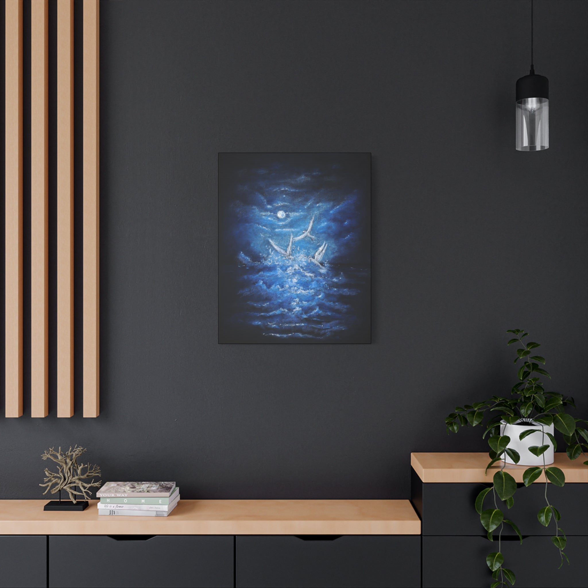 Moonlit White Birds Matte Stretched Canvas – Serene Ocean Wall Art