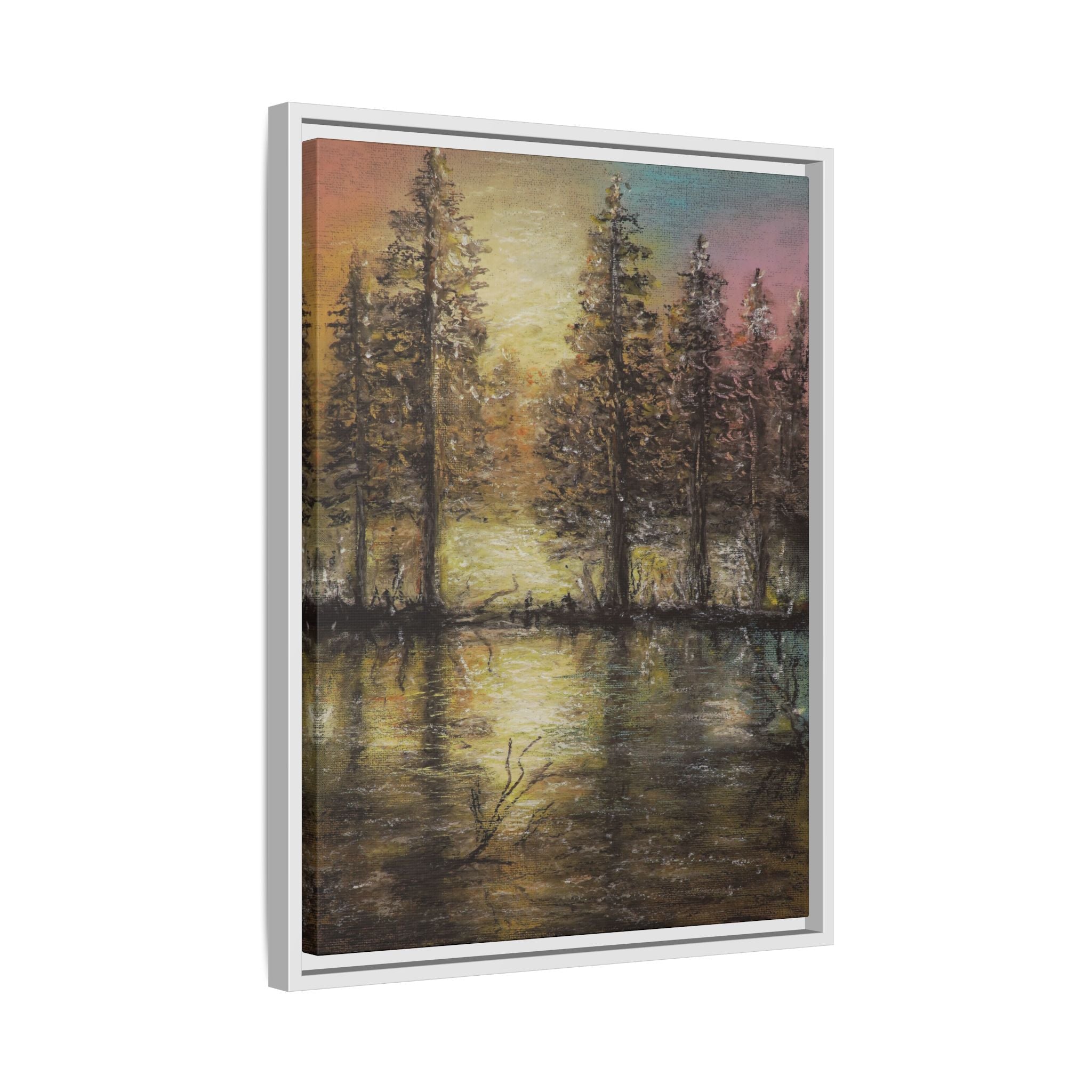 Framed Matte Canvas Wall Art — Sunset Forest Reflection