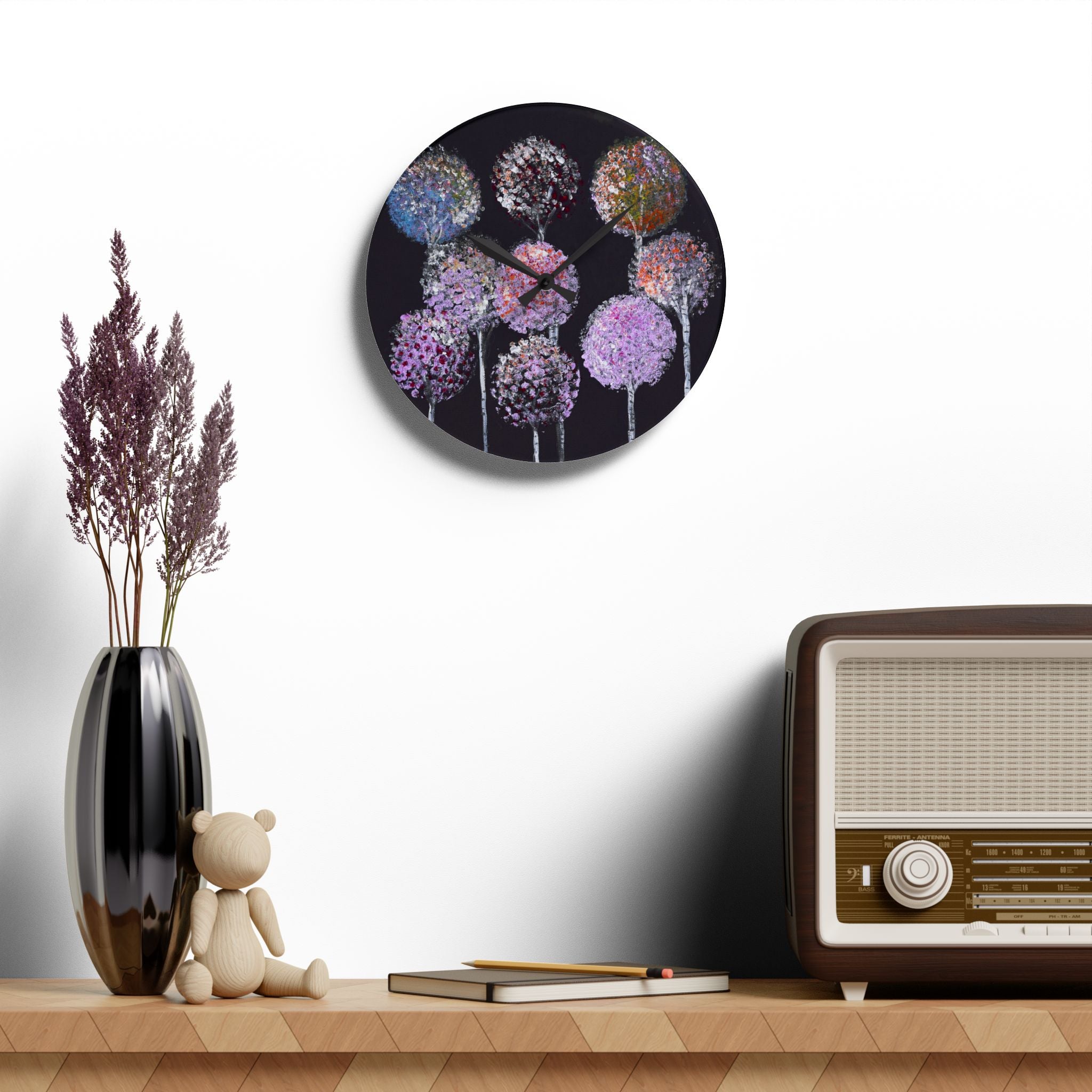 Acrylic Wall Clock — Pastel Allium Floral Design on Black