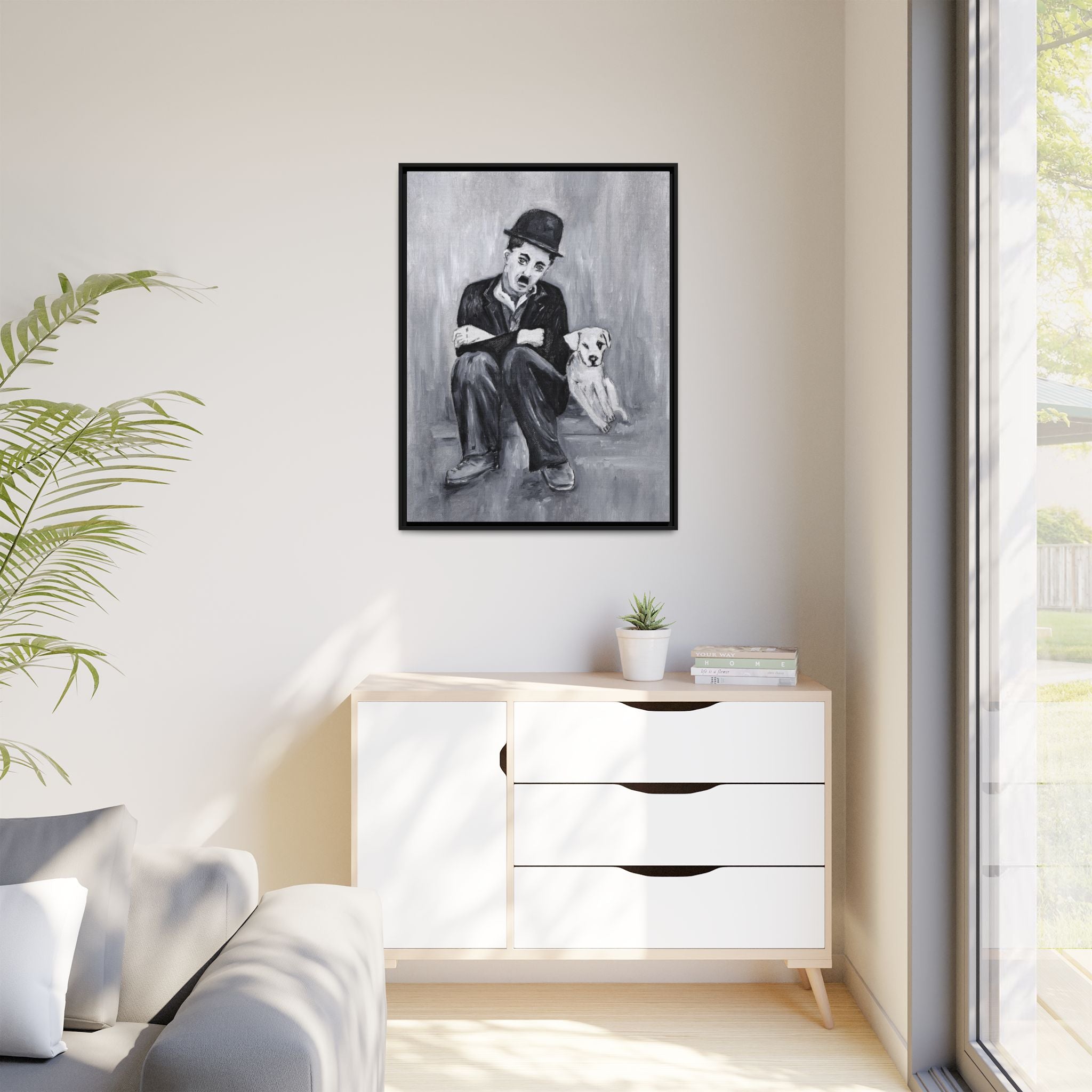 Charlie Chaplin & Dog Matte Framed Canvas Print — Vintage Black & White Wall Art