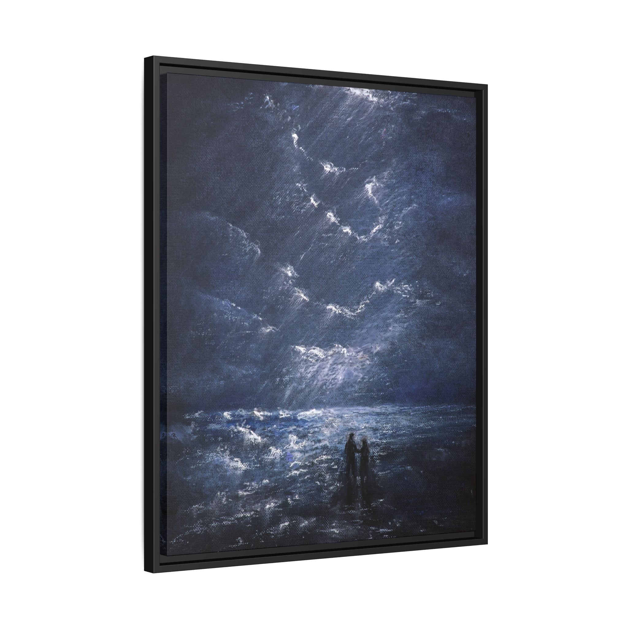 Couple on Shore at Night - Framed Canvas Art