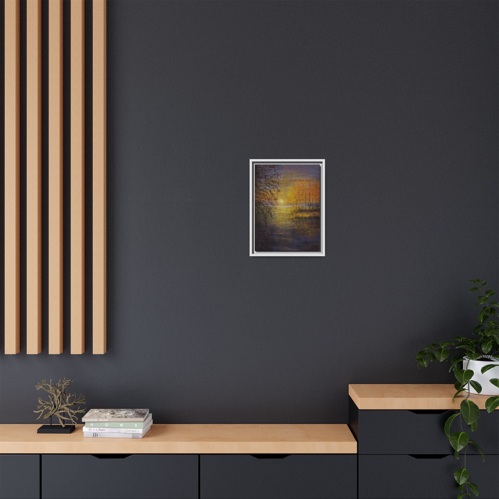 Framed Matte Canvas Painting - Golden Trees Over Tranquil Lake