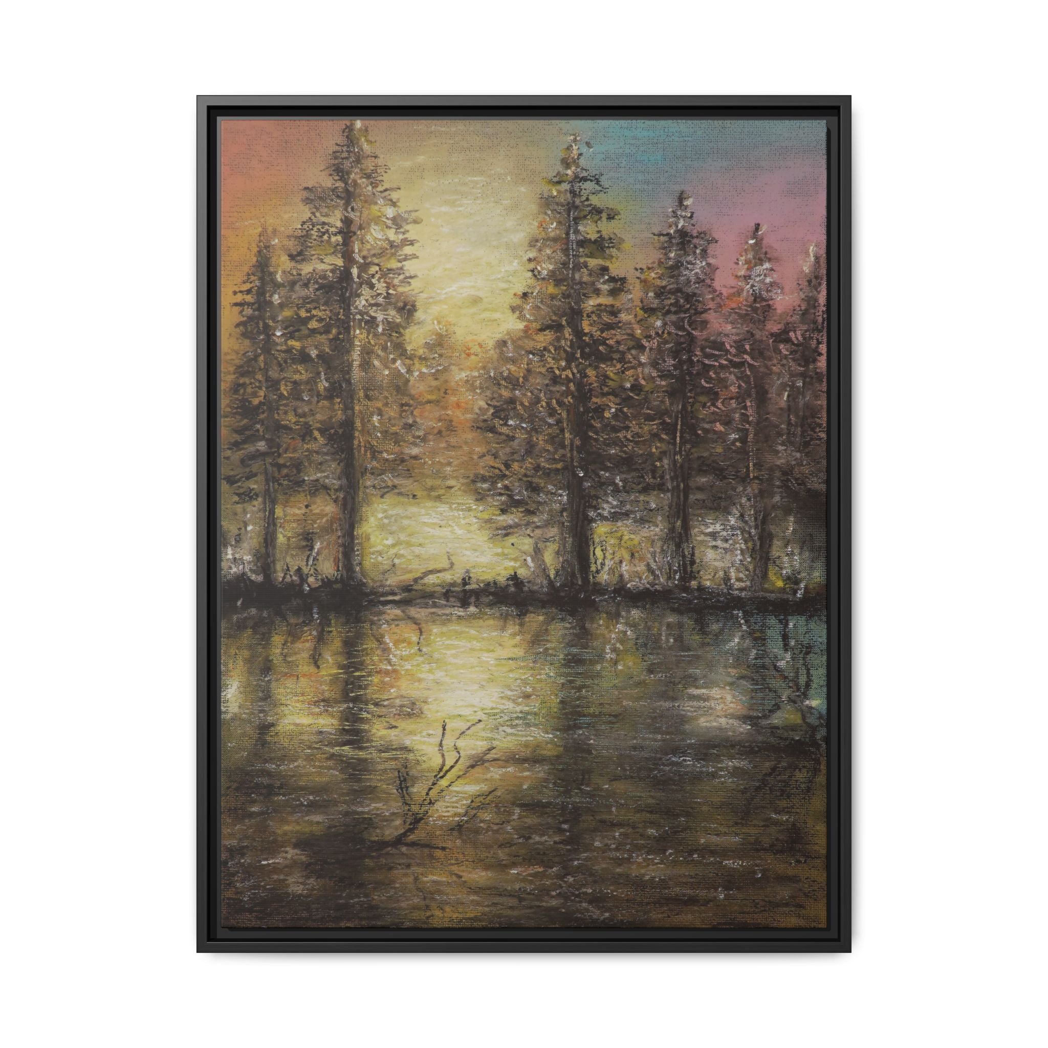 Framed Matte Canvas Wall Art — Sunset Forest Reflection