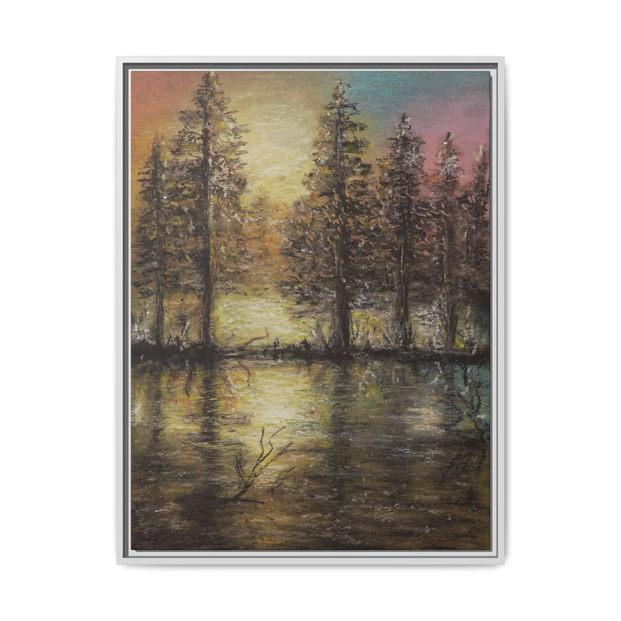 Framed Matte Canvas Wall Art — Sunset Forest Reflection