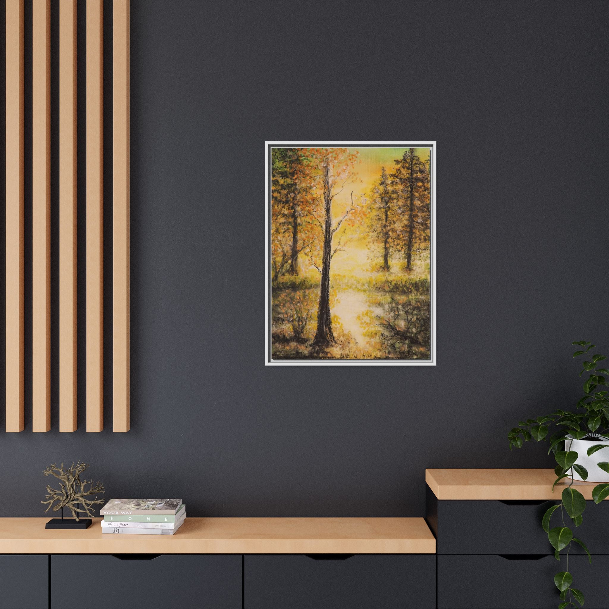 Framed Autumn Forest Canvas Print — Golden Lakeside Wall Art