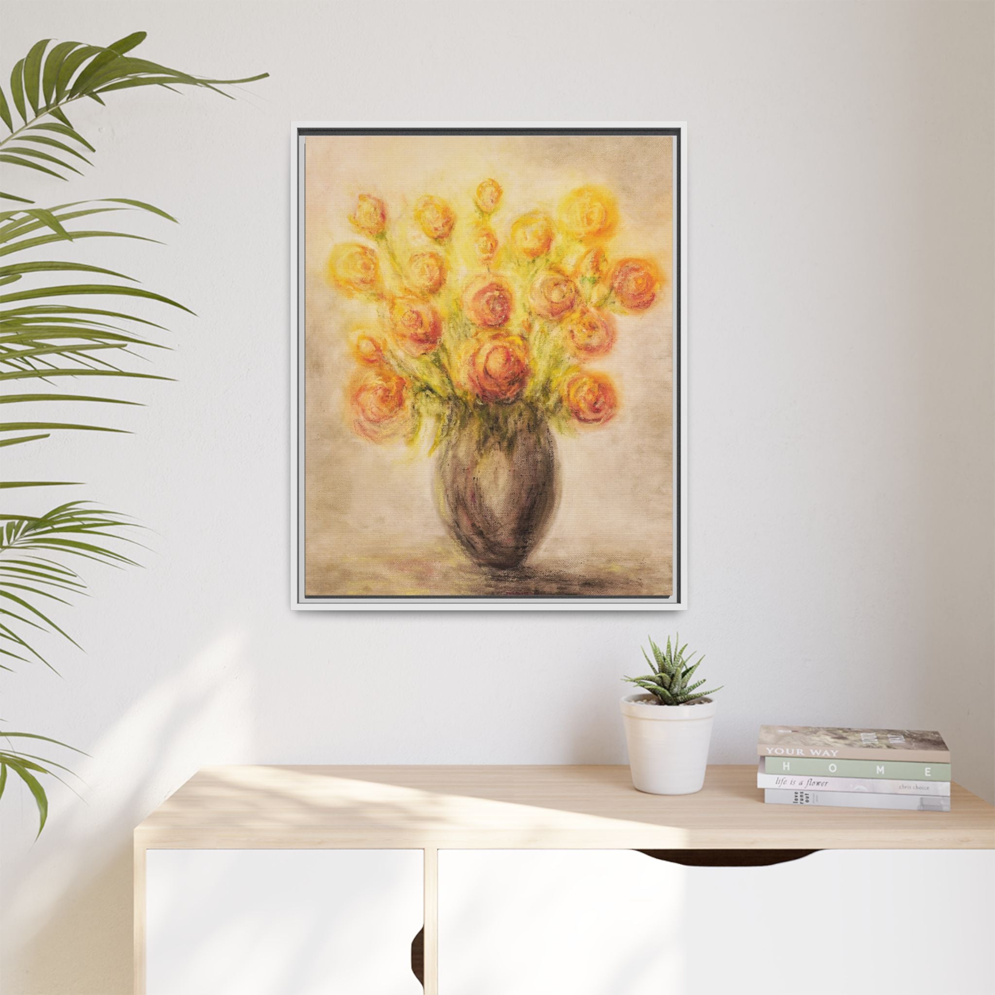 Framed Matte Canvas Floral Bouquet Wall Art — Yellow Rose Vase Print