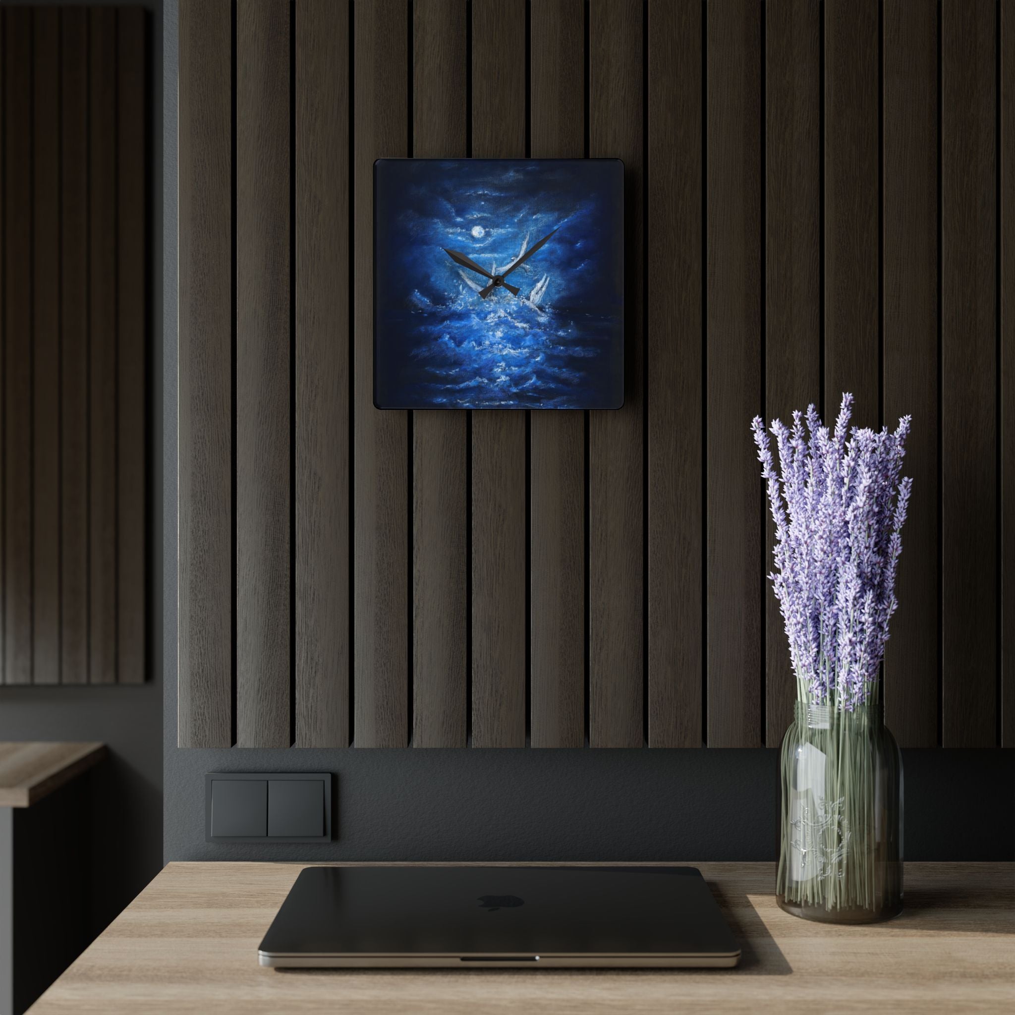 Acrylic Wall Clock — Midnight Ocean White Birds Night Sky Art