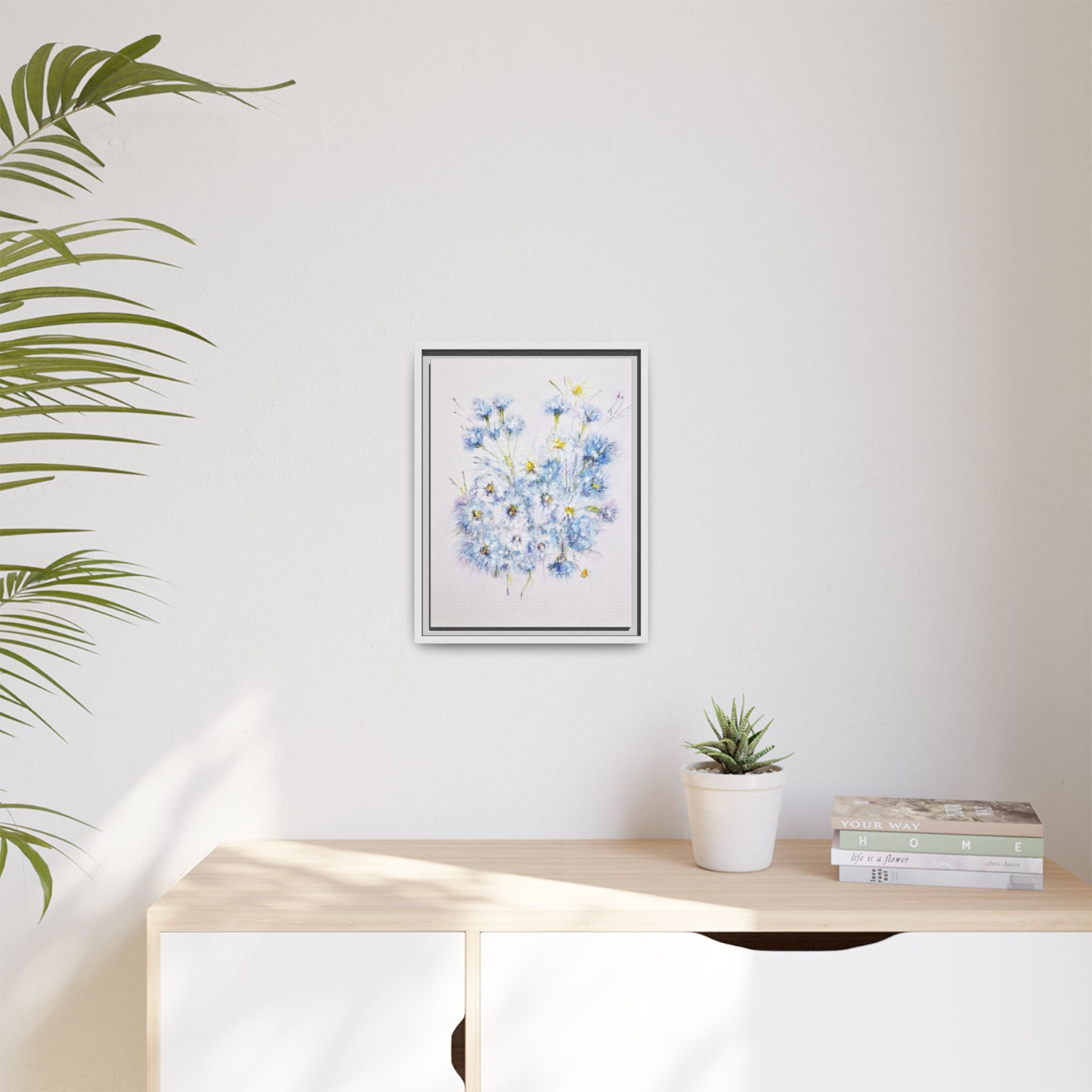 Blue Wildflower Watercolor Canvas Print — Framed Matte Wall Art