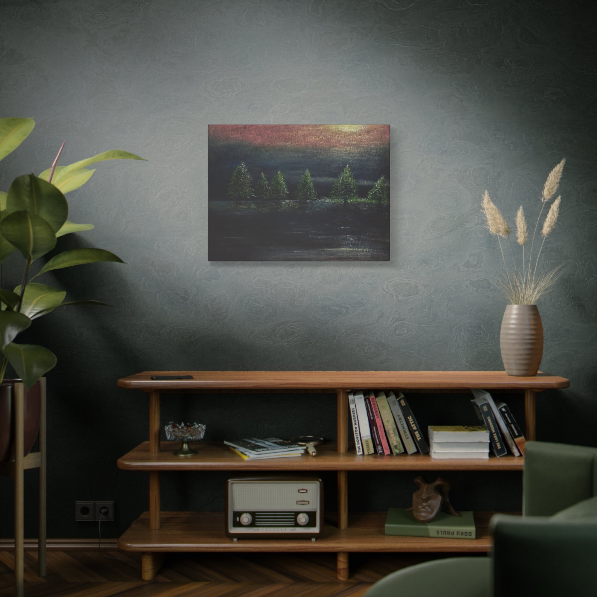 Moonlit Pine Trees Matte Canvas Wall Art — Stretched Nature Landscape Painting