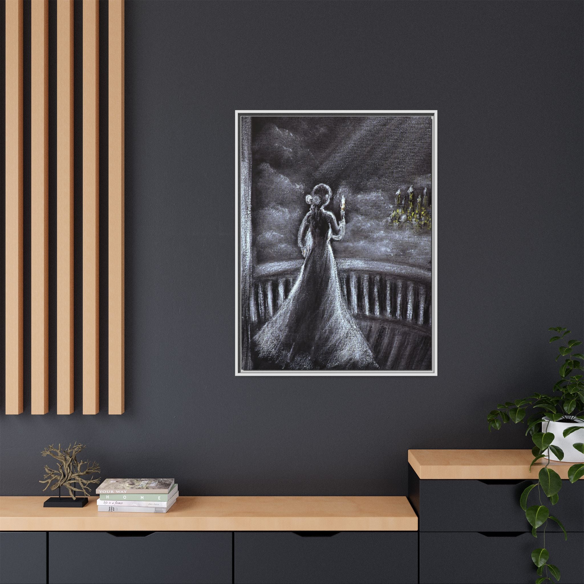 Framed Matte Canvas — Moonlit Lady on Balcony