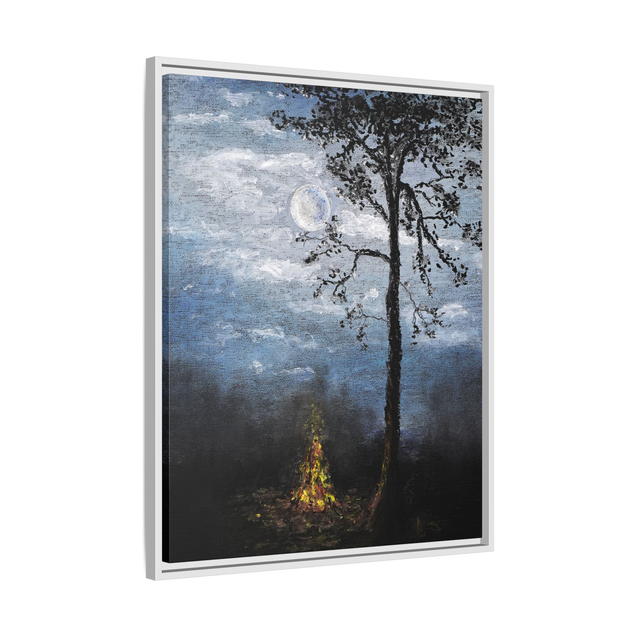 Framed Matte Canvas Print — Moonlit Campfire Landscape