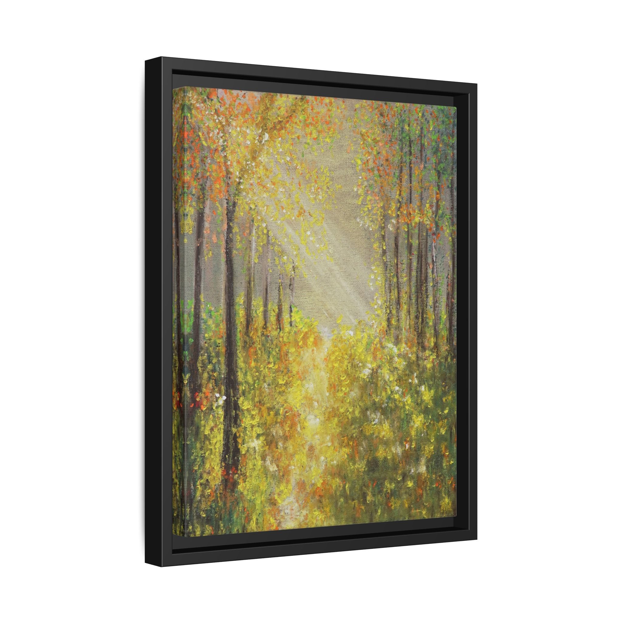 Sunlit Forest Path Framed Canvas Art — Autumn Woodland Wall Decor