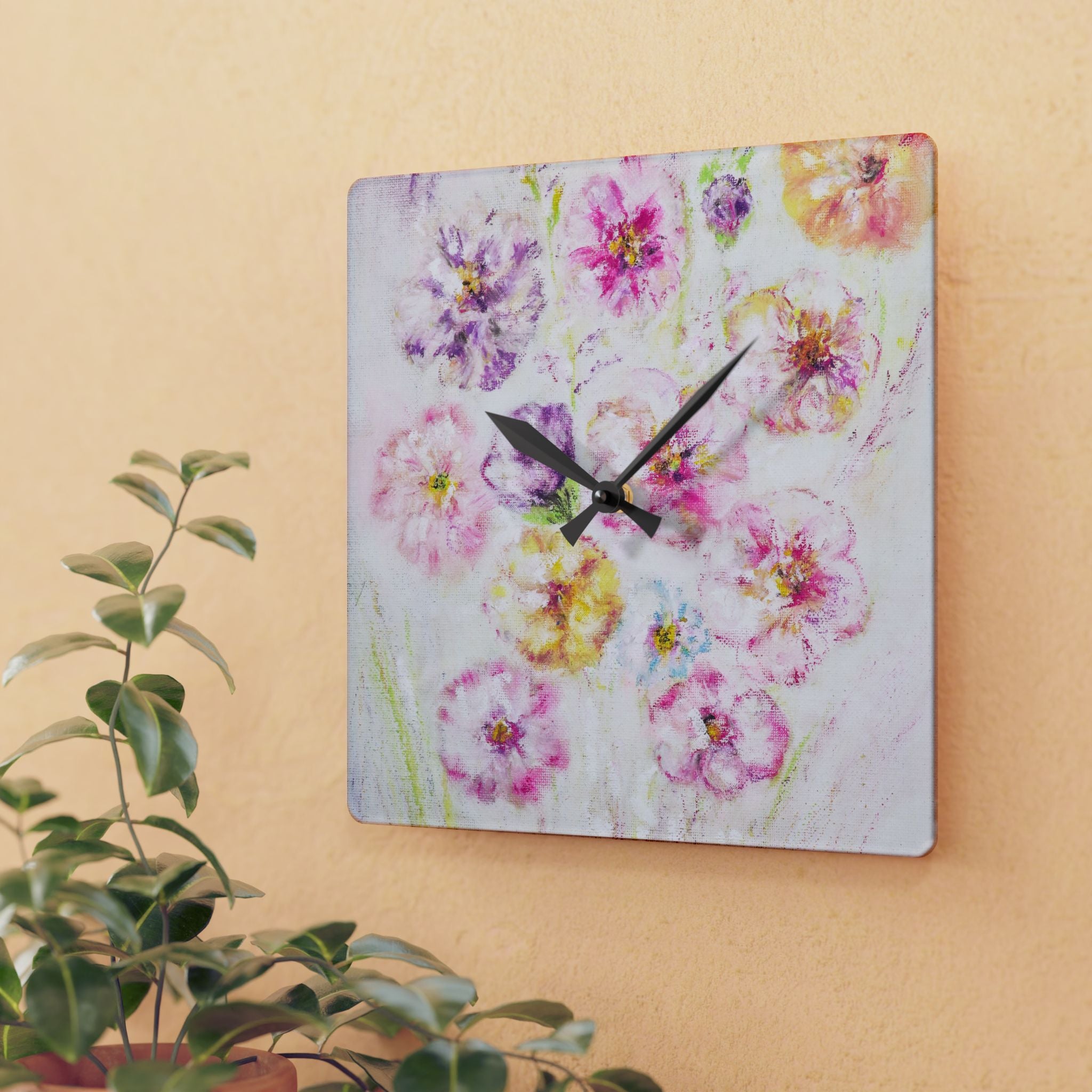 Floral Watercolor Acrylic Wall Clock – Pastel Flower Home Decor