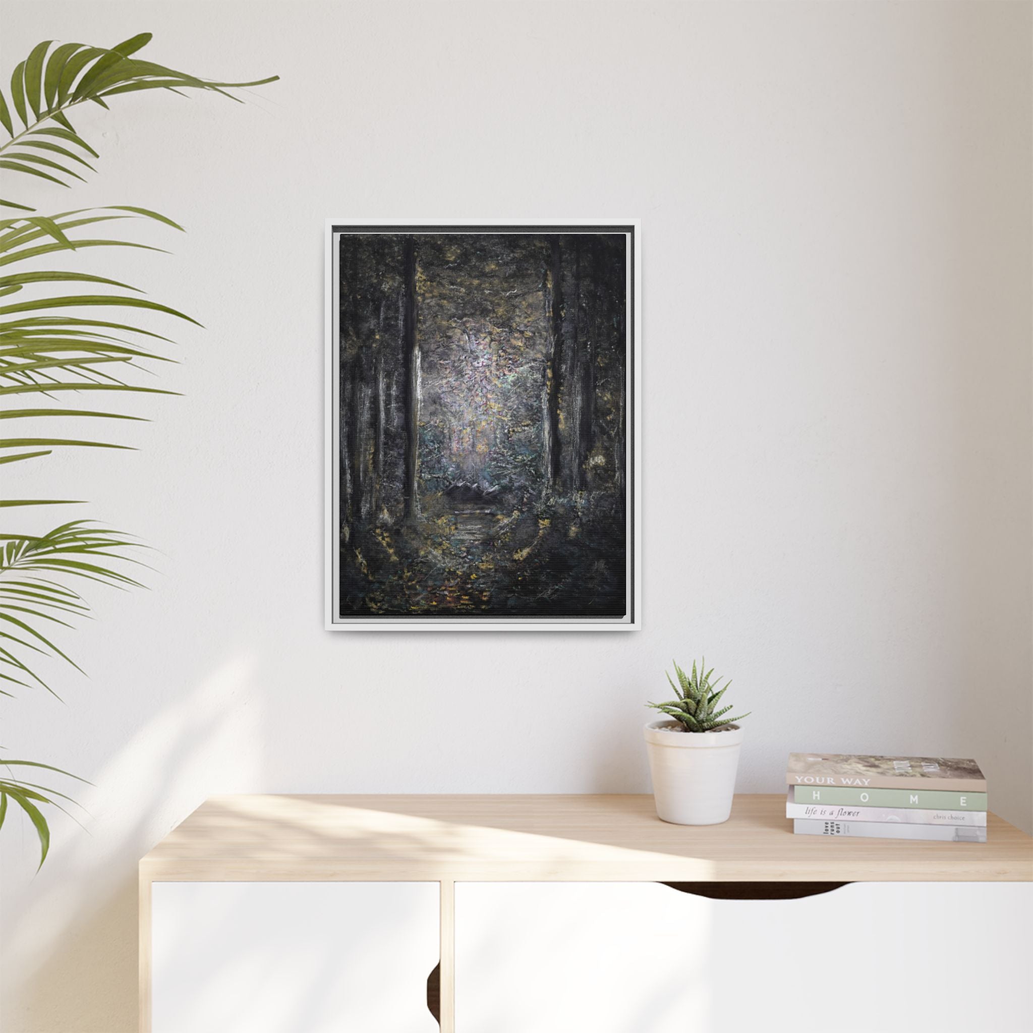 Framed Matte Canvas Forest Painting — Moody Woodland Wall Art