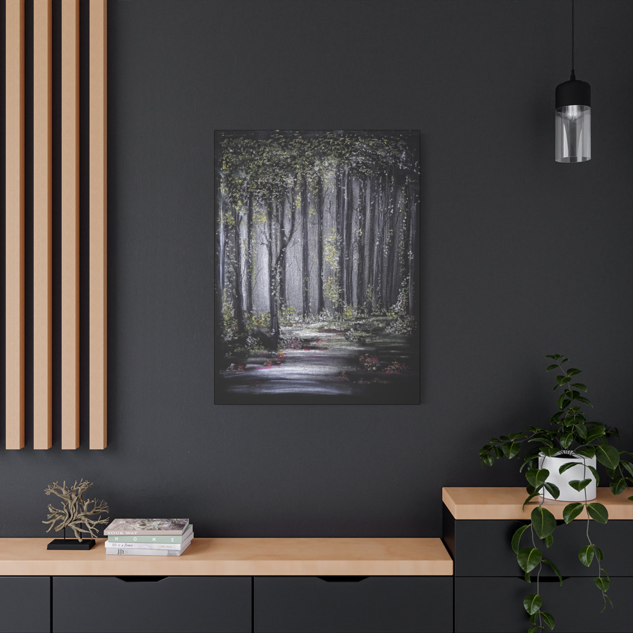 Forest Path Matte Canvas Wall Art — Moody Woodland Landscape, Stretched 1.25"